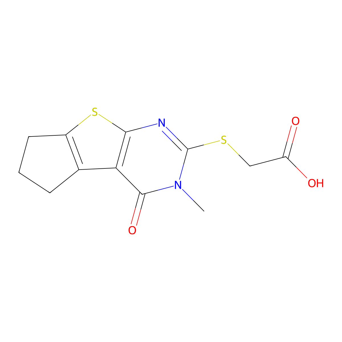 (5-Methyl-4-oxo-2,3,4,5-tetrahydro-1H-8-thia-5,7-diaza-cyclopenta[a]inden-6-ylsulfanyl)-acetic acid molecular structure, CAS 462067-18-1
