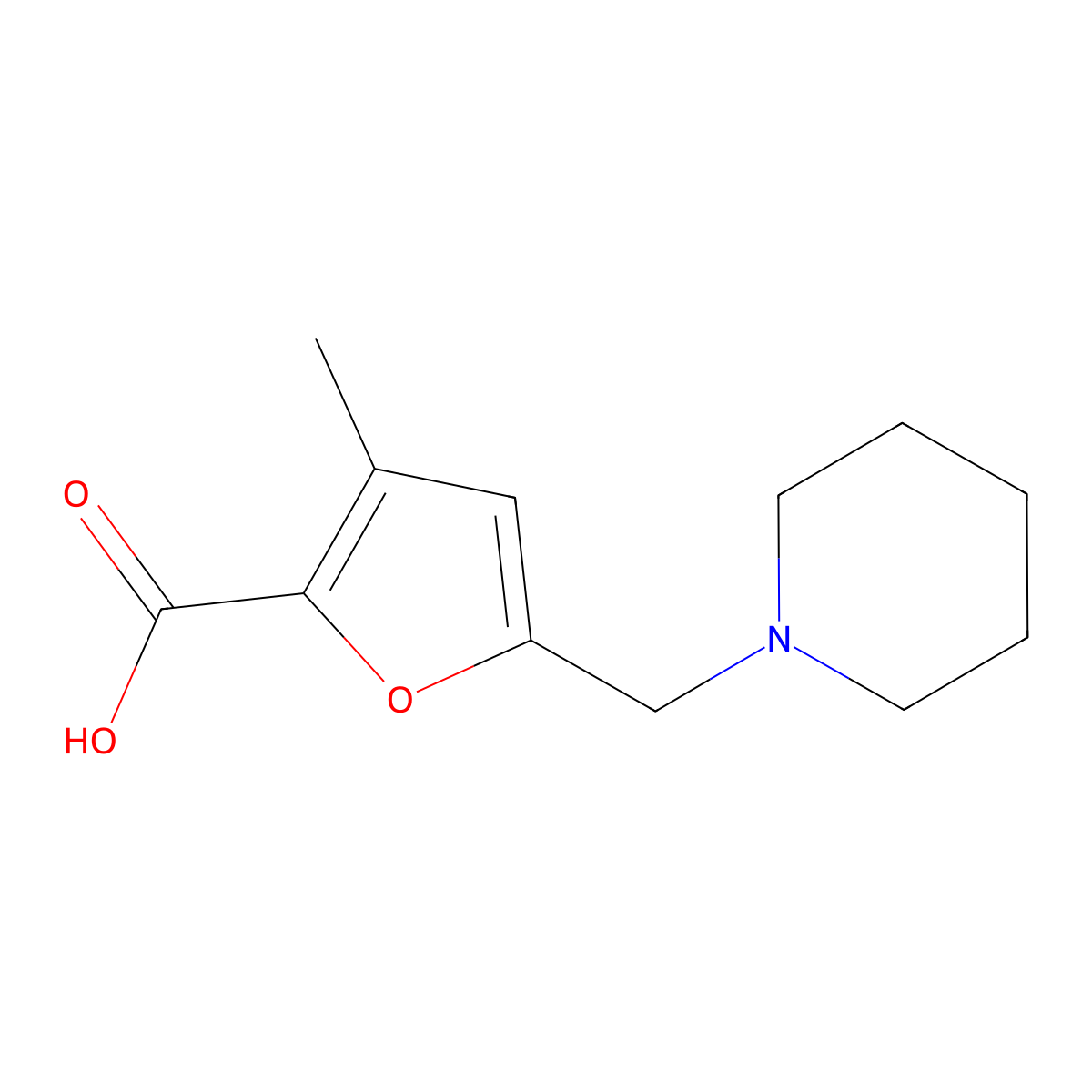 3-Methyl-5-(piperidin-1-ylmethyl)furan-2-carboxylic acid molecular structure, CAS 462068-63-9