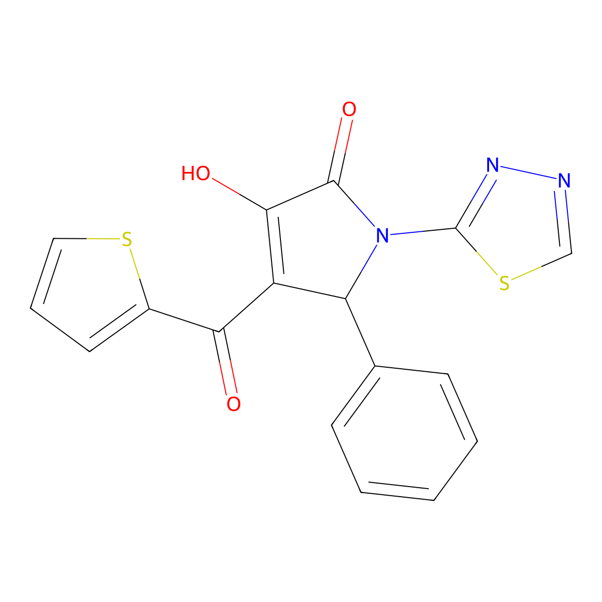 4-hydroxy-2-phenyl-1-(1,3,4-thiadiazol-2-yl)-3-(thiophene-2-carbonyl)-2H-pyrrol-5-one molecular structure, CAS 462069-51-8