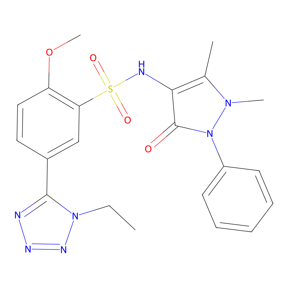 N-(1,5-dimethyl-3-oxo-2-phenyl-2,3-dihydro-1H-pyrazol-4-yl)-5-(1-ethyl-1H-tetrazol-5-yl)-2-methoxybenzenesulfonamide molecular structure, CAS 462069-58-5