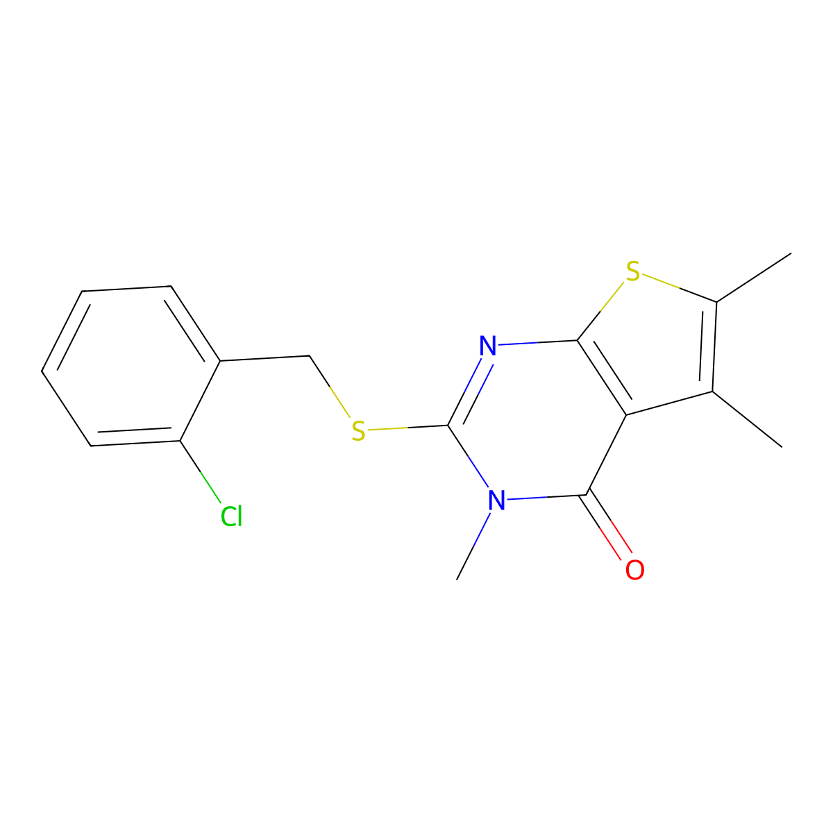 2-[(2-chlorobenzyl)sulfanyl]-3,5,6-trimethylthieno[2,3-d]pyrimidin-4(3H)-one molecular structure, CAS 462075-19-0
