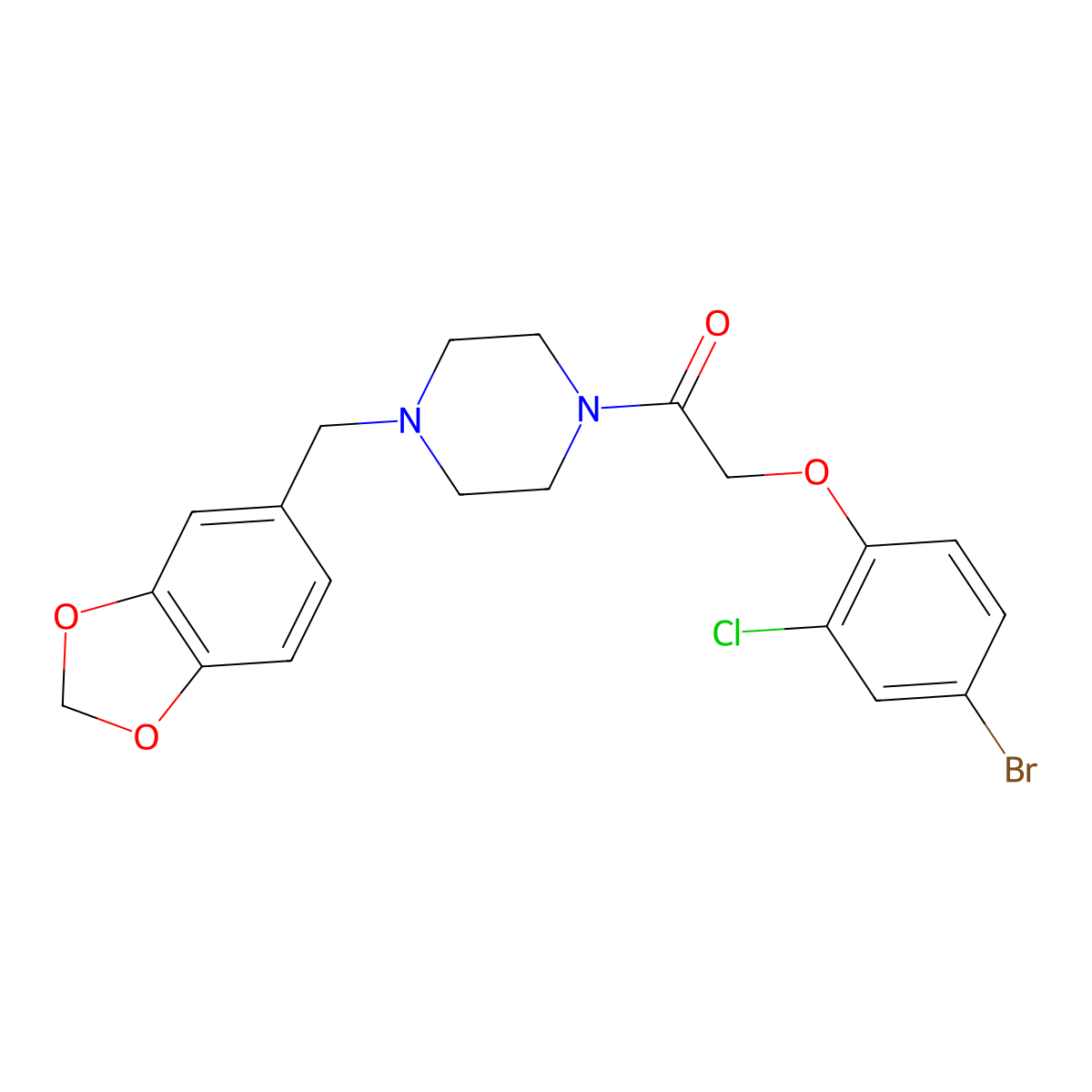 1-[4-(1,3-Benzodioxol-5-ylmethyl)piperazin-1-yl]-2-(4-bromo-2-chlorophenoxy)ethanone molecular structure, CAS 462082-55-9