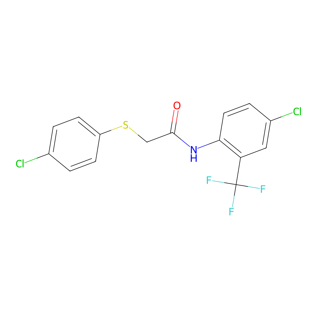 2-(4-chlorophenyl)sulfanyl-N-[4-chloro-2-(trifluoromethyl)phenyl]acetamide molecular structure, CAS 462097-59-2