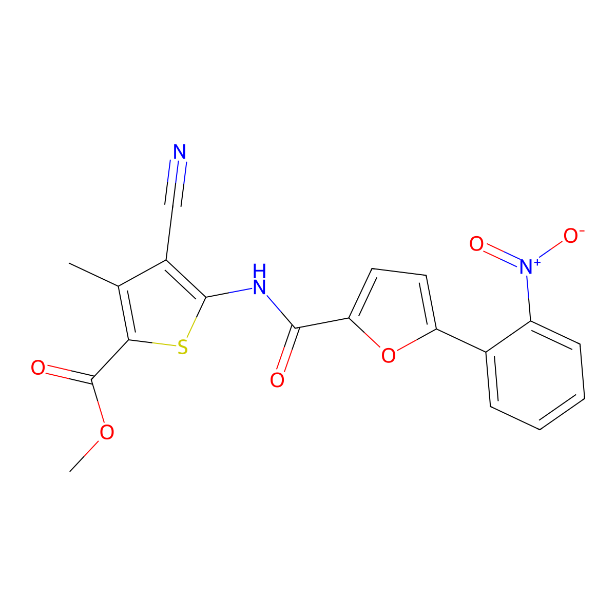 Methyl 4-cyano-3-methyl-5-[[5-(2-nitrophenyl)furan-2-carbonyl]amino]thiophene-2-carboxylate molecular structure, CAS 462098-45-9