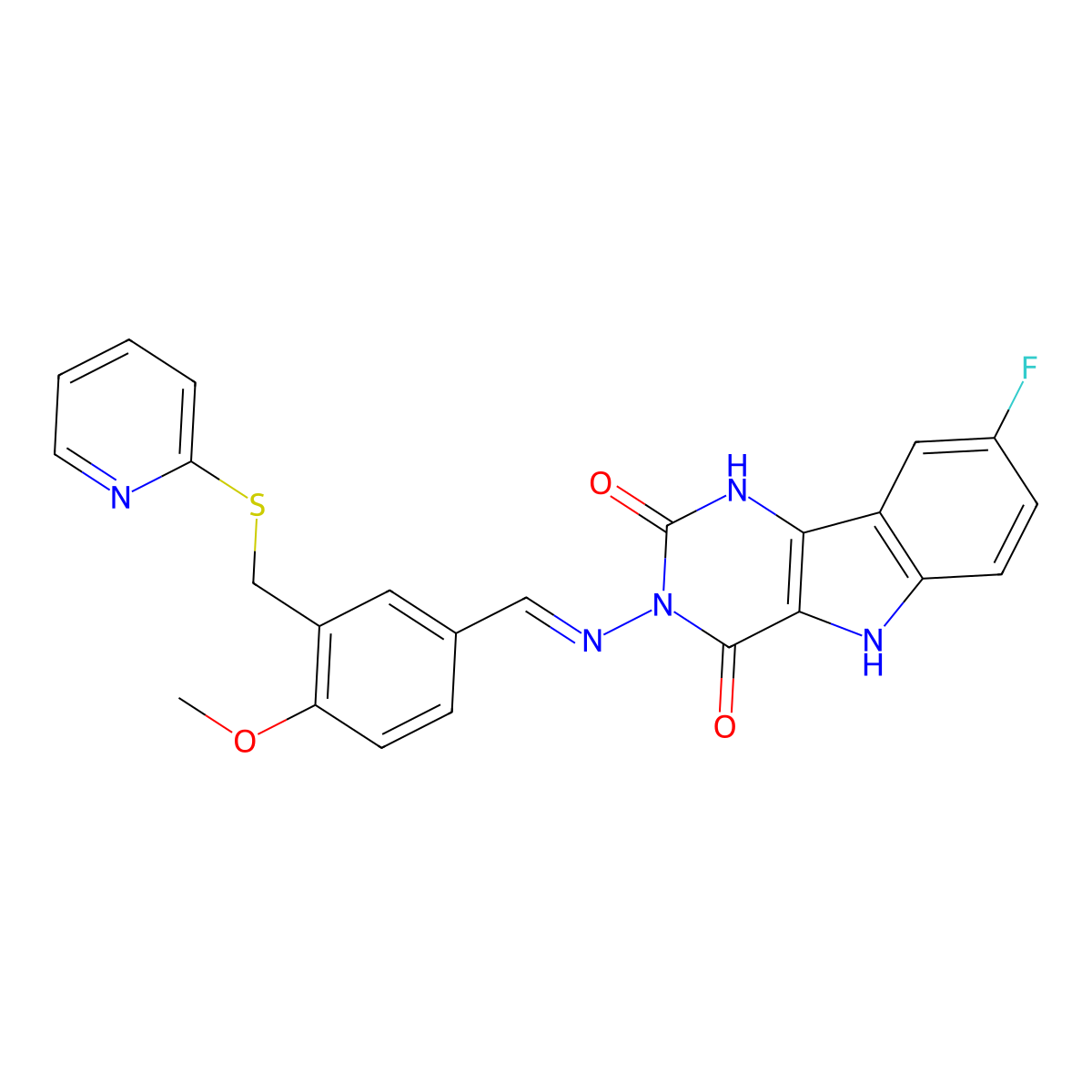 8-Fluoro-3-[[4-methoxy-3-(pyridin-2-ylsulfanylmethyl)phenyl]methylideneamino]-1,5-dihydropyrimido[5,4-b]indole-2,4-dione molecular structure, CAS 4623-45-4