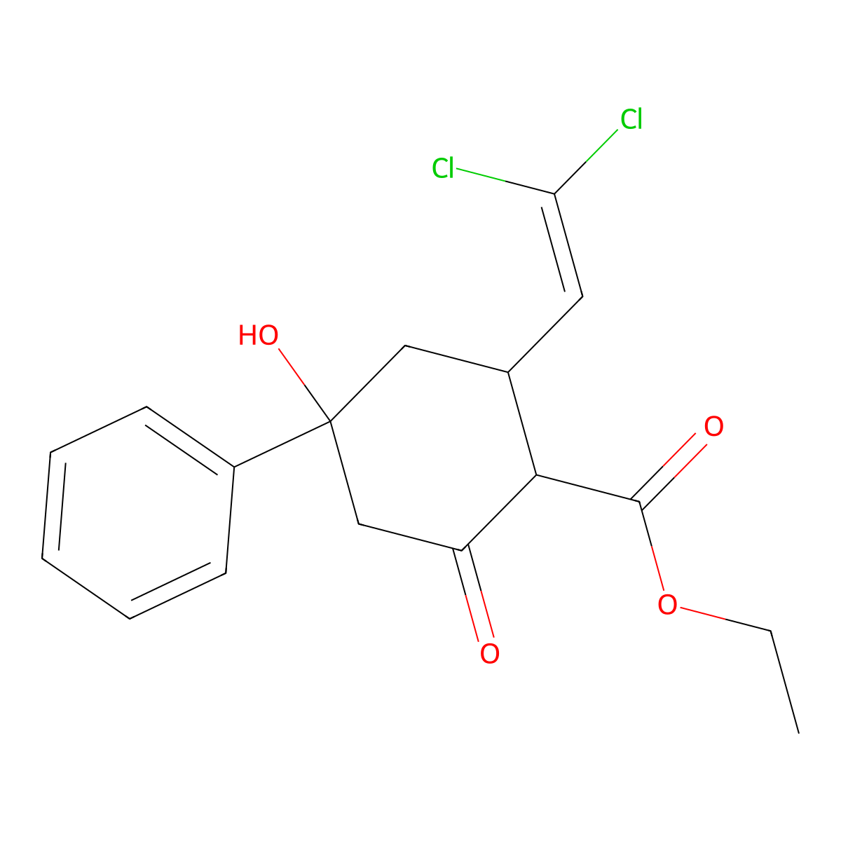 Ethyl 2-(2,2-dichlorovinyl)-4-hydroxy-6-oxo-4-phenylcyclohexanecarboxylate molecular structure, CAS 462599-79-7