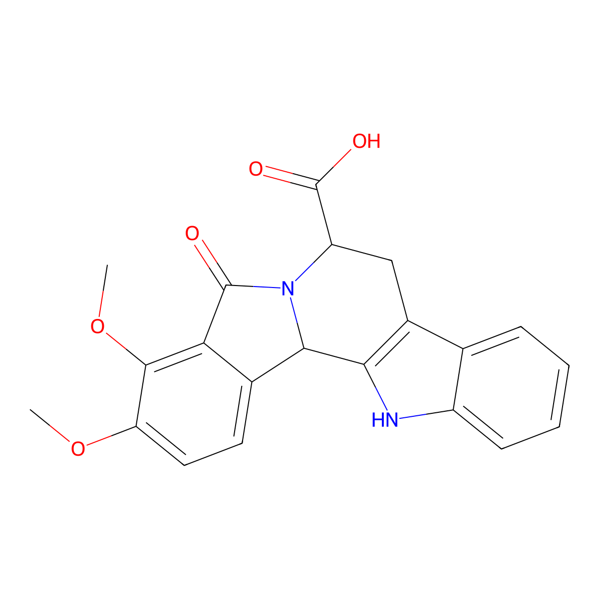 3,4-dimethoxy-5-oxo-7,8,13,13b-tetrahydro-5H-benzo[1,2]indolizino[8,7-b]indole-7-carboxylic acid molecular structure, CAS 462606-87-7