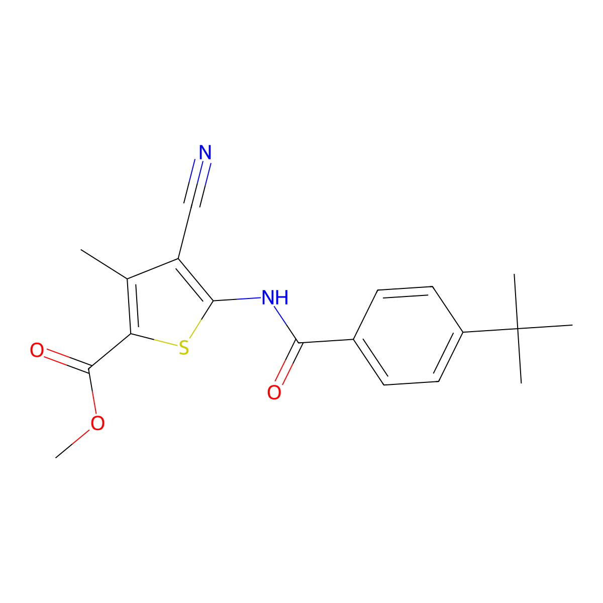 Methyl 5-(4-(tert-butyl)benzamido)-4-cyano-3-methylthiophene-2-carboxylate molecular structure, CAS 462613-27-0