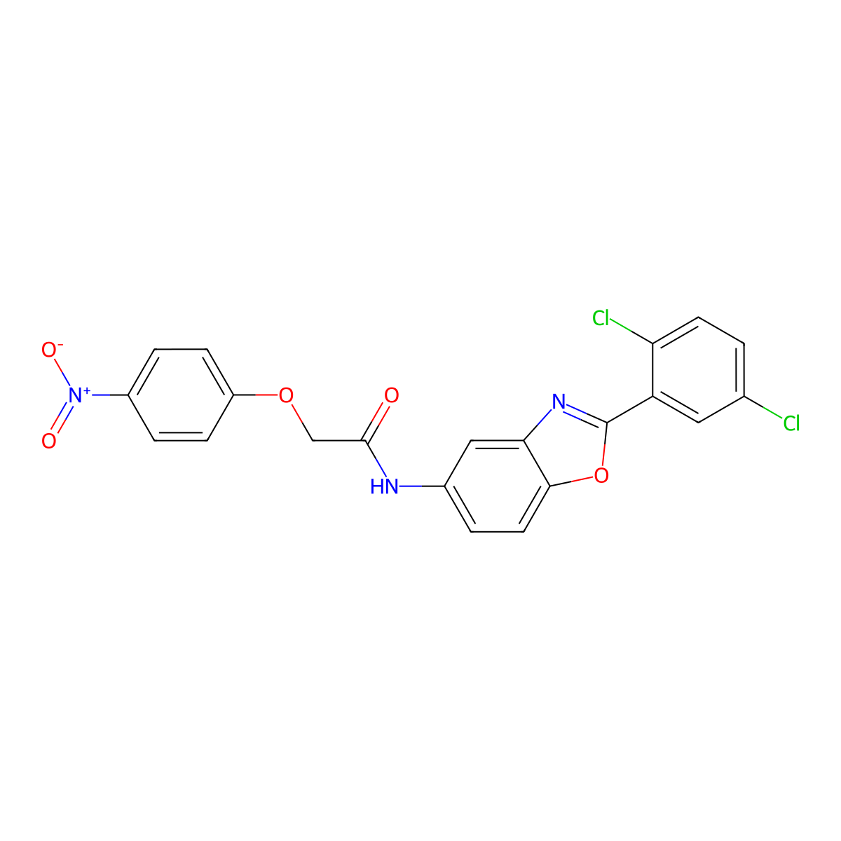 N-[2-(2,5-dichlorophenyl)-1,3-benzoxazol-5-yl]-2-(4-nitrophenoxy)acetamide molecular structure, CAS 462614-50-2