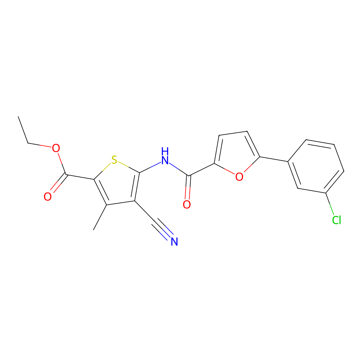 Ethyl 5-(5-(3-chlorophenyl)furan-2-carboxamido)-4-cyano-3-methylthiophene-2-carboxylate molecular structure, CAS 462615-13-0