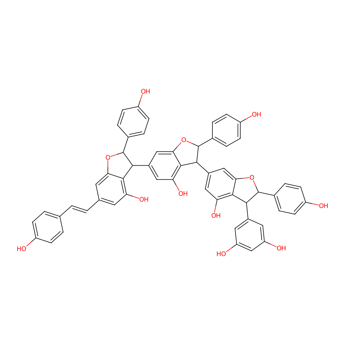 5-[4-Hydroxy-6-[4-hydroxy-6-[4-hydroxy-2-(4-hydroxyphenyl)-6-[2-(4-hydroxyphenyl)ethenyl]-2,3-dihydro-1-benzofuran-3-yl]-2-(4-hydroxyphenyl)-2,3-dihydro-1-benzofuran-3-yl]-2-(4-hydroxyphenyl)-2,3-dihydro-1-benzofuran-3-yl]benzene-1,3-diol molecular structure, CAS 462636-74-4