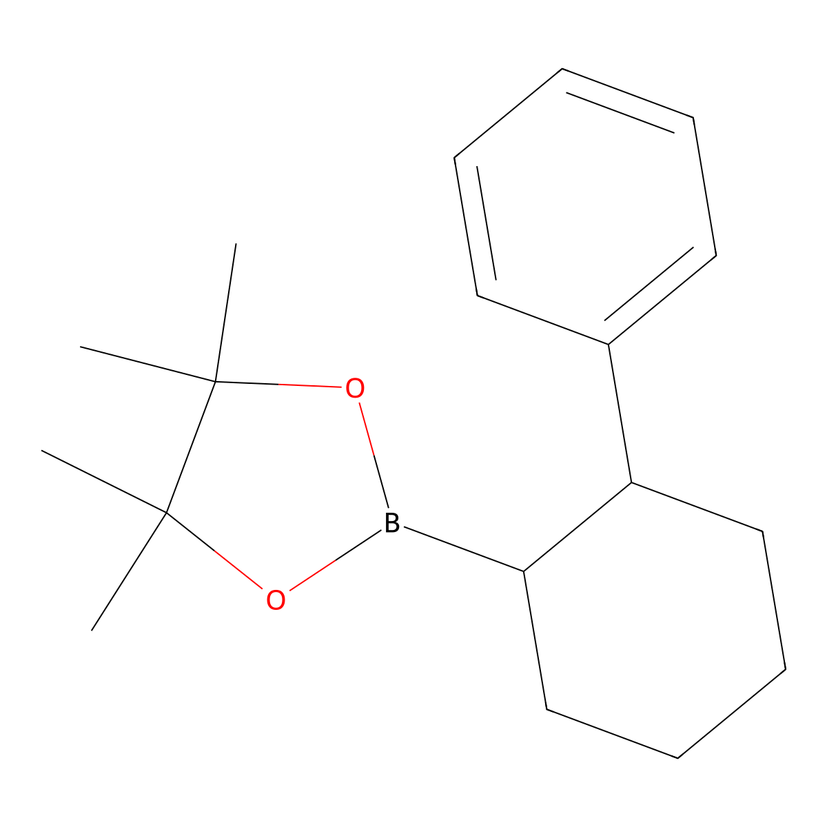 rac-4,4,5,5-tetramethyl-2-[(1R,2S)-2-phenylcyclohexyl]-1,3,2-dioxaborolane, cis molecular structure, CAS 462636-91-5