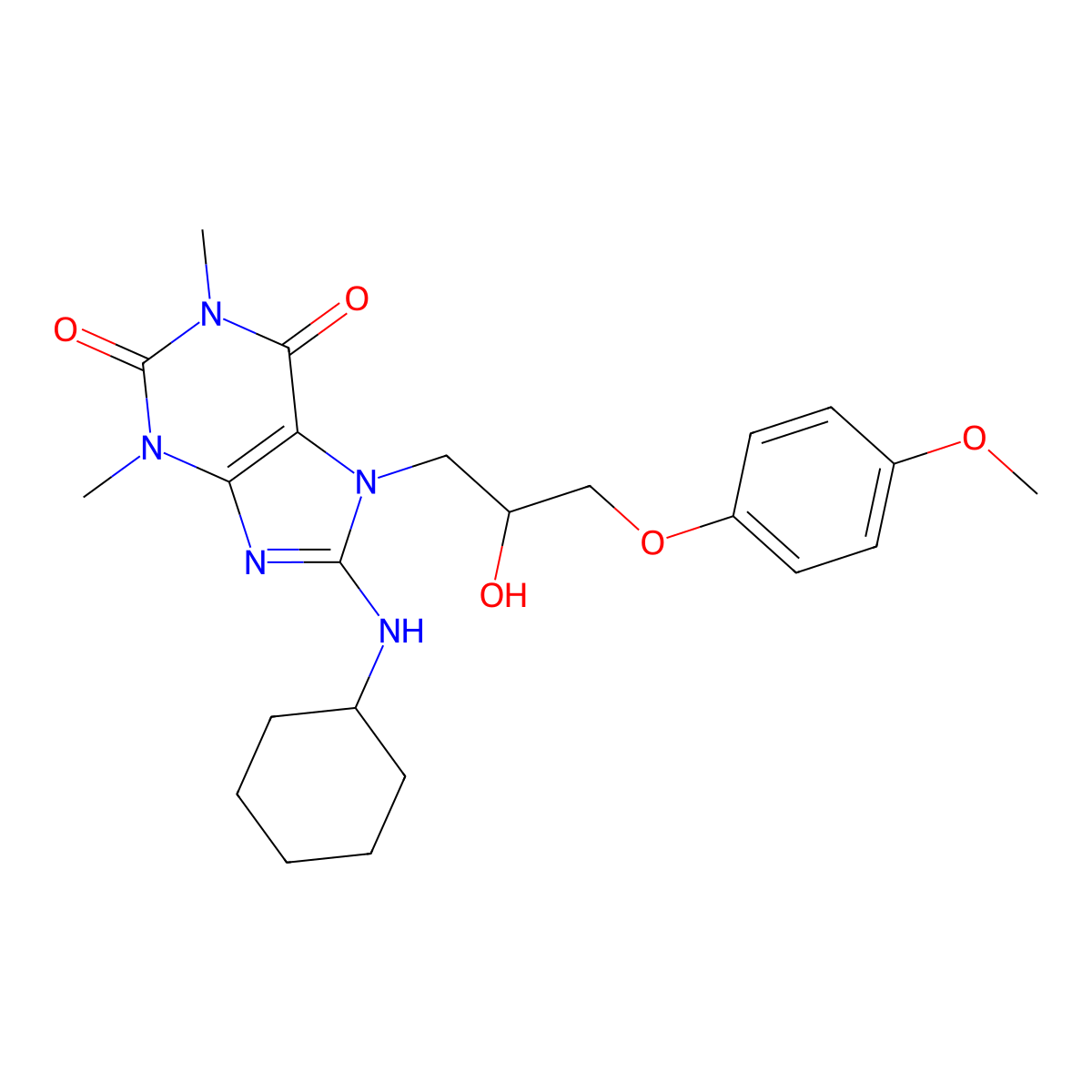 8-(cyclohexylamino)-7-[2-hydroxy-3-(4-methoxyphenoxy)propyl]-1,3-dimethyl-3,7-dihydro-1H-purine-2,6-dione molecular structure, CAS 4627-03-6