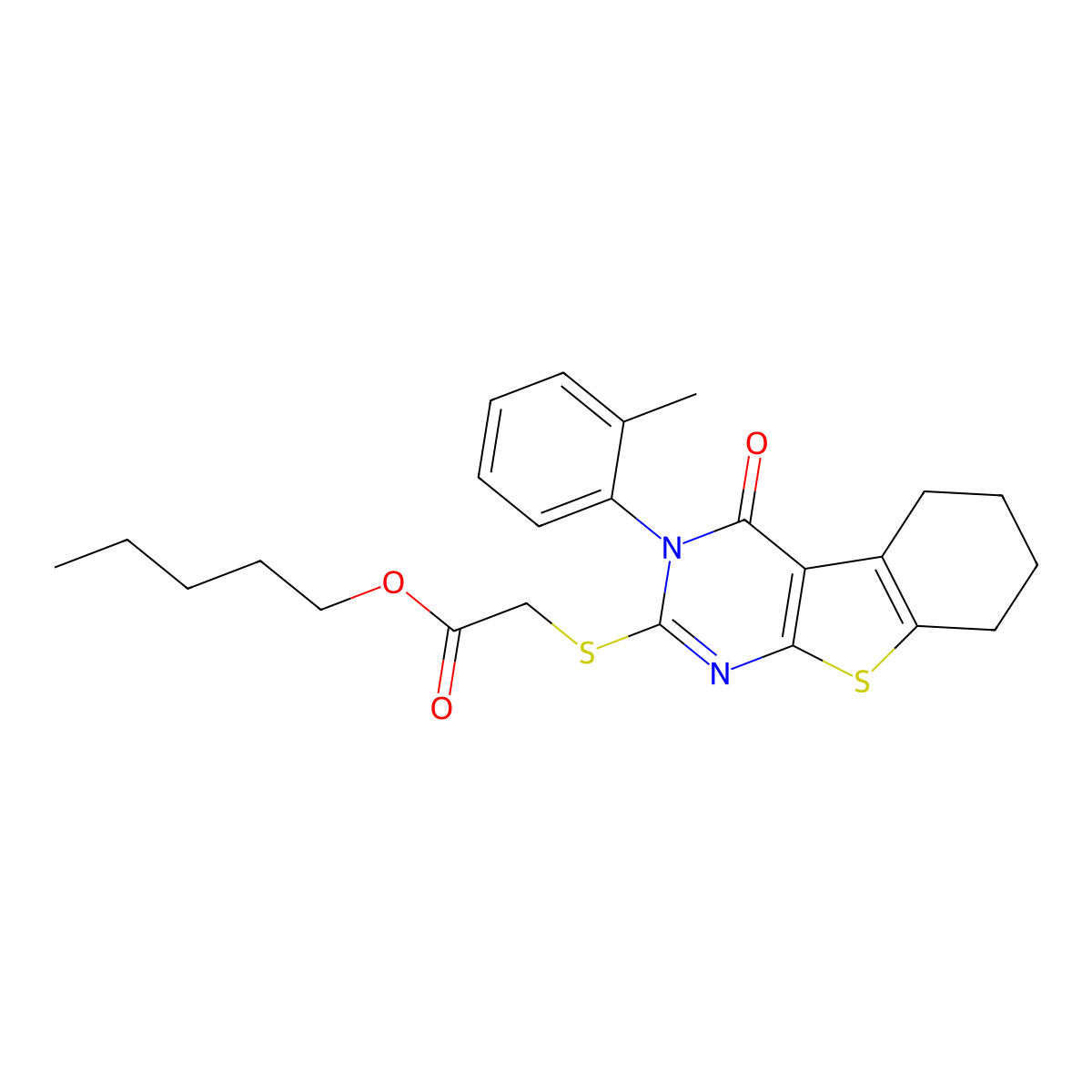 Pentyl {[3-(2-methylphenyl)-4-oxo-3,4,5,6,7,8-hexahydro[1]benzothieno[2,3-d]pyrimidin-2-yl]sulfanyl}acetate molecular structure, CAS 4633-44-7