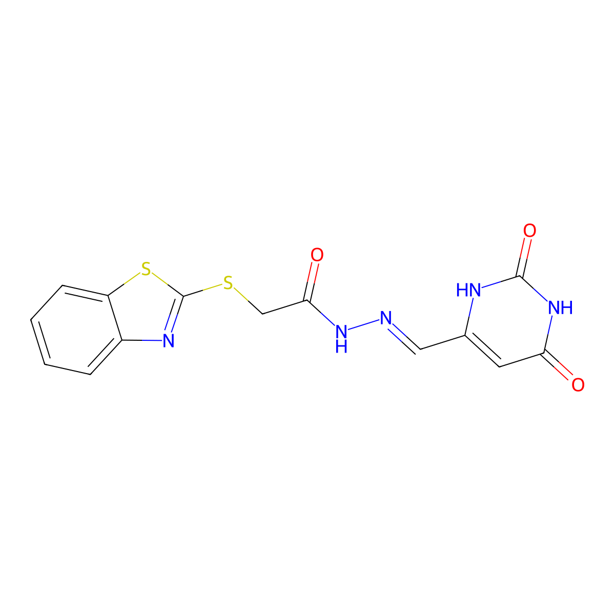 2-(2-Benzothiazolylthio)acetic acid 2-[(1,2,3,6-tetrahydro-2,6-dioxo-4-pyrimidinyl)methylene]hydrazide molecular structure, CAS 463336-13-2