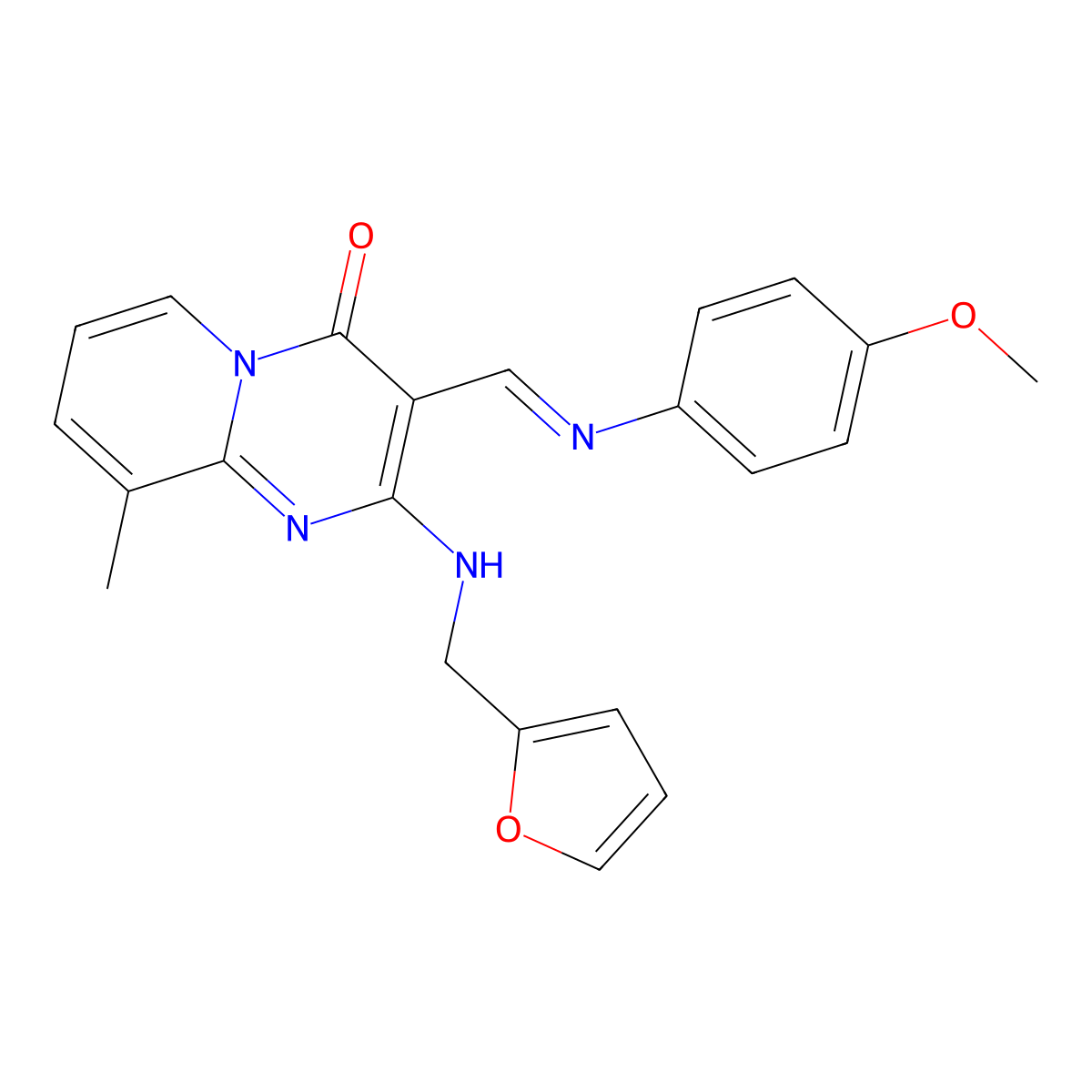 (E)-2-((furan-2-ylmethyl)amino)-3-(((4-methoxyphenyl)imino)methyl)-9-methyl-4H-pyrido[1,2-a]pyrimidin-4-one molecular structure, CAS 463358-20-5