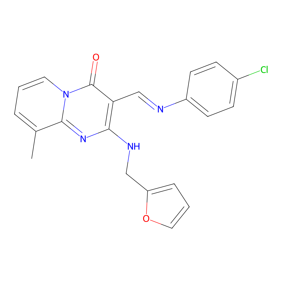 (E)-3-(((4-chlorophenyl)imino)methyl)-2-((furan-2-ylmethyl)amino)-9-methyl-4H-pyrido[1,2-a]pyrimidin-4-one molecular structure, CAS 463358-21-6