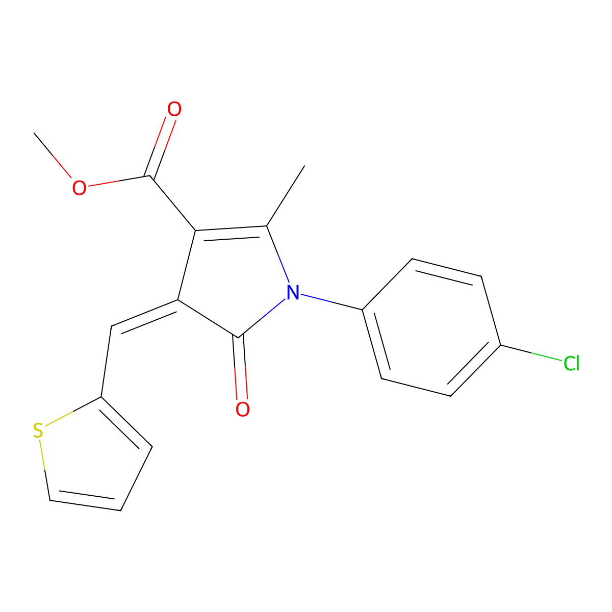 Methyl 1-(4-chlorophenyl)-2-methyl-5-oxo-4-(thiophen-2-ylmethylidene)pyrrole-3-carboxylate molecular structure, CAS 4635-11-4