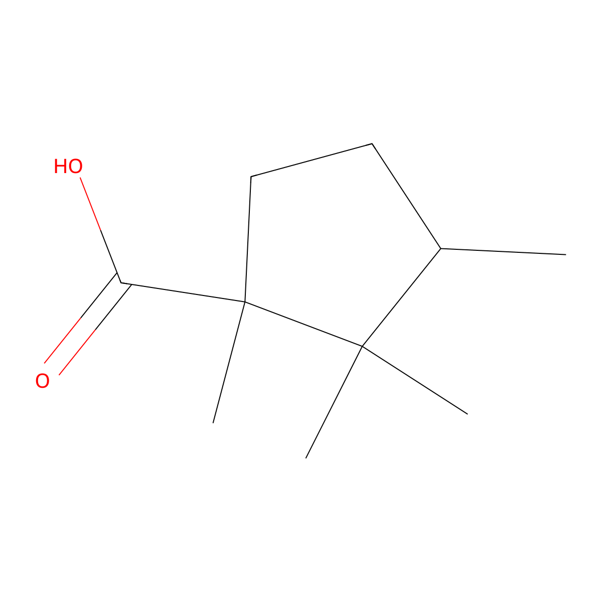 1,2,2,3-Tetramethylcyclopentane-1-carboxylic acid molecular structure, CAS 464-88-0