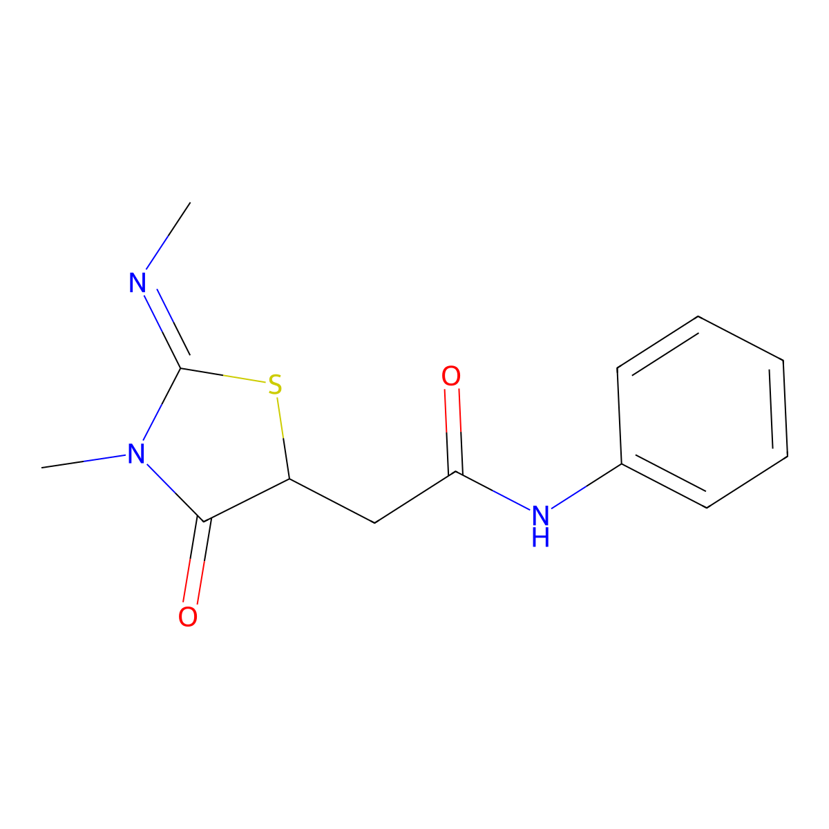 (E)-2-(3-methyl-2-(methylimino)-4-oxothiazolidin-5-yl)-N-phenylacetamide molecular structure, CAS 464205-57-0