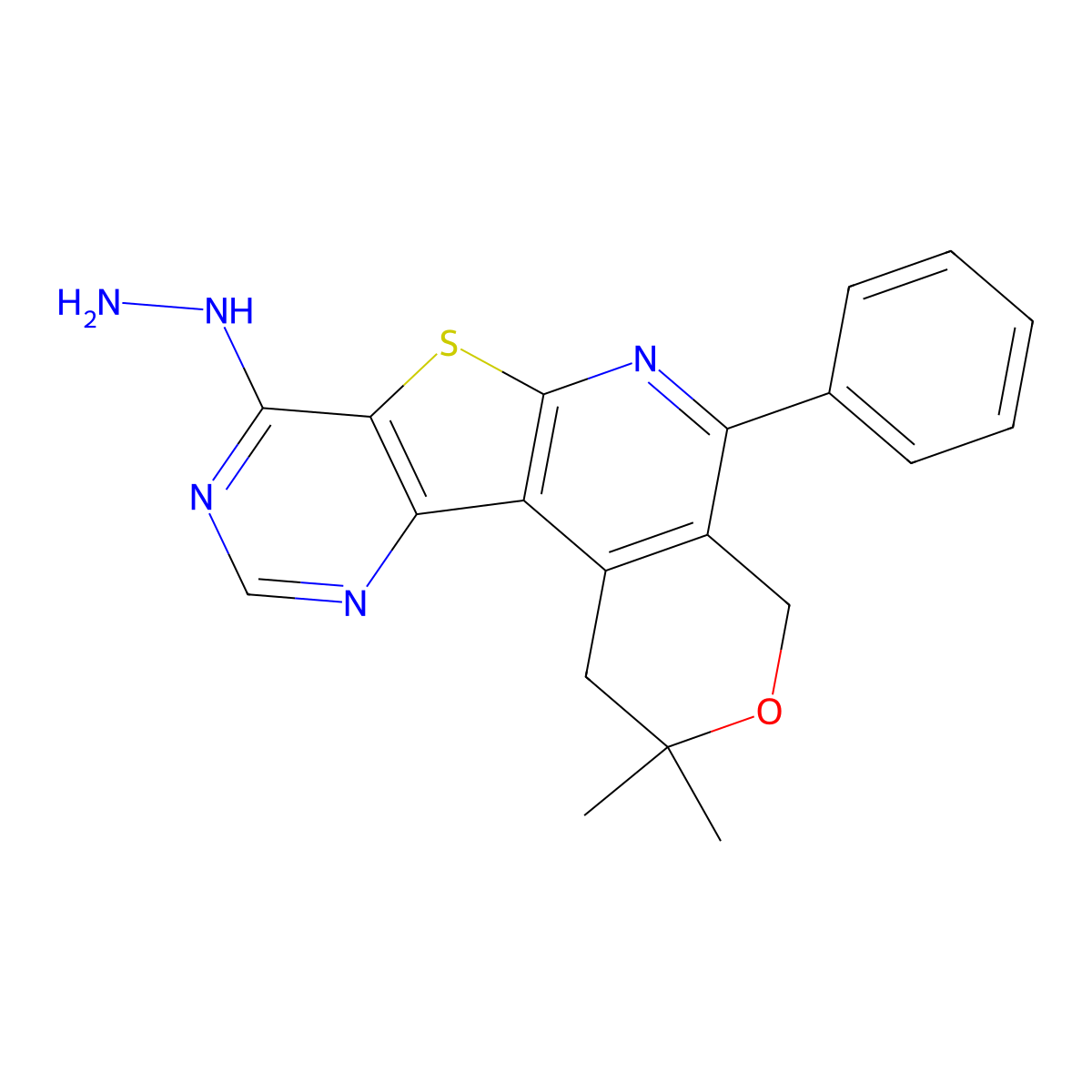 8-hydrazinyl-2,2-dimethyl-5-phenyl-1,4-dihydro-2H-pyrano[4'',3'':4',5']pyrido[3',2':4,5]thieno[3,2-d]pyrimidine molecular structure, CAS 4645-72-1