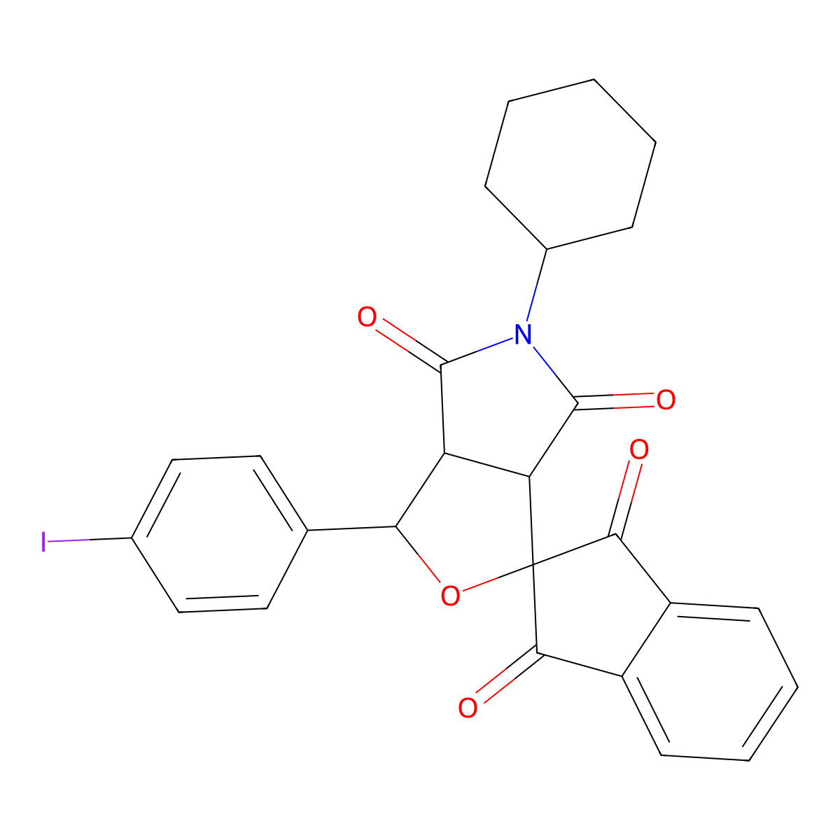 5-cyclohexyl-1-(4-iodophenyl)spiro[3a,6a-dihydro-1H-furo[3,4-c]pyrrole-3,2'-indene]-1',3',4,6-tetrone molecular structure, CAS 464878-23-7