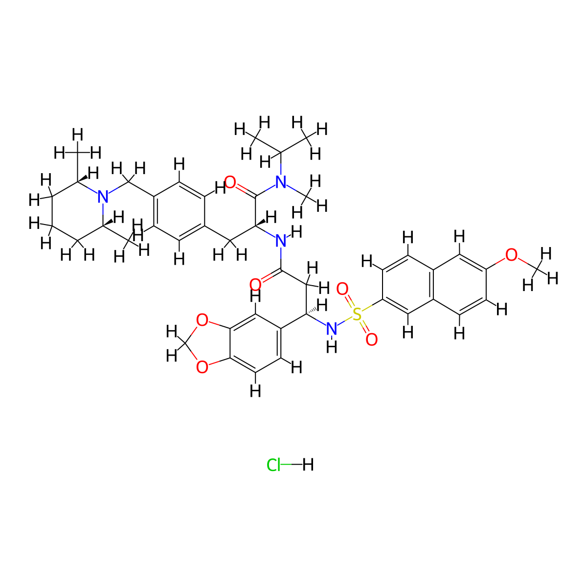 D-Phenylalaninamide, (3R)-3-(1,3-benzodioxol-5-yl)-N-((6-methoxy-2-naphthalenyl)sulfonyl)-beta-alanyl-4-(((2R,6S)-2,6-dimethyl-1-piperidinyl)methyl)-N-methyl-N-(1-methylethyl)-, hydrochloride (1:1) molecular structure, CAS 464930-42-5