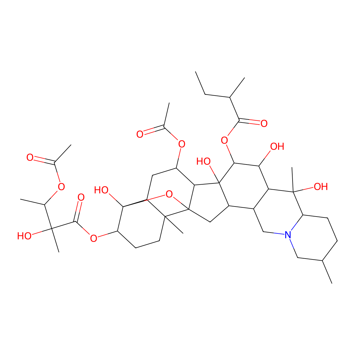4alpha,9-Epoxycevane-3beta,4,7alpha,14,15alpha,16beta,20-heptol 7-acetate 3-[(2S,3R)-3-acetoxy-2-hydroxy-2-methylbutanoate]15-[(R)-2-methylbutanoate] molecular structure, CAS 465-75-8