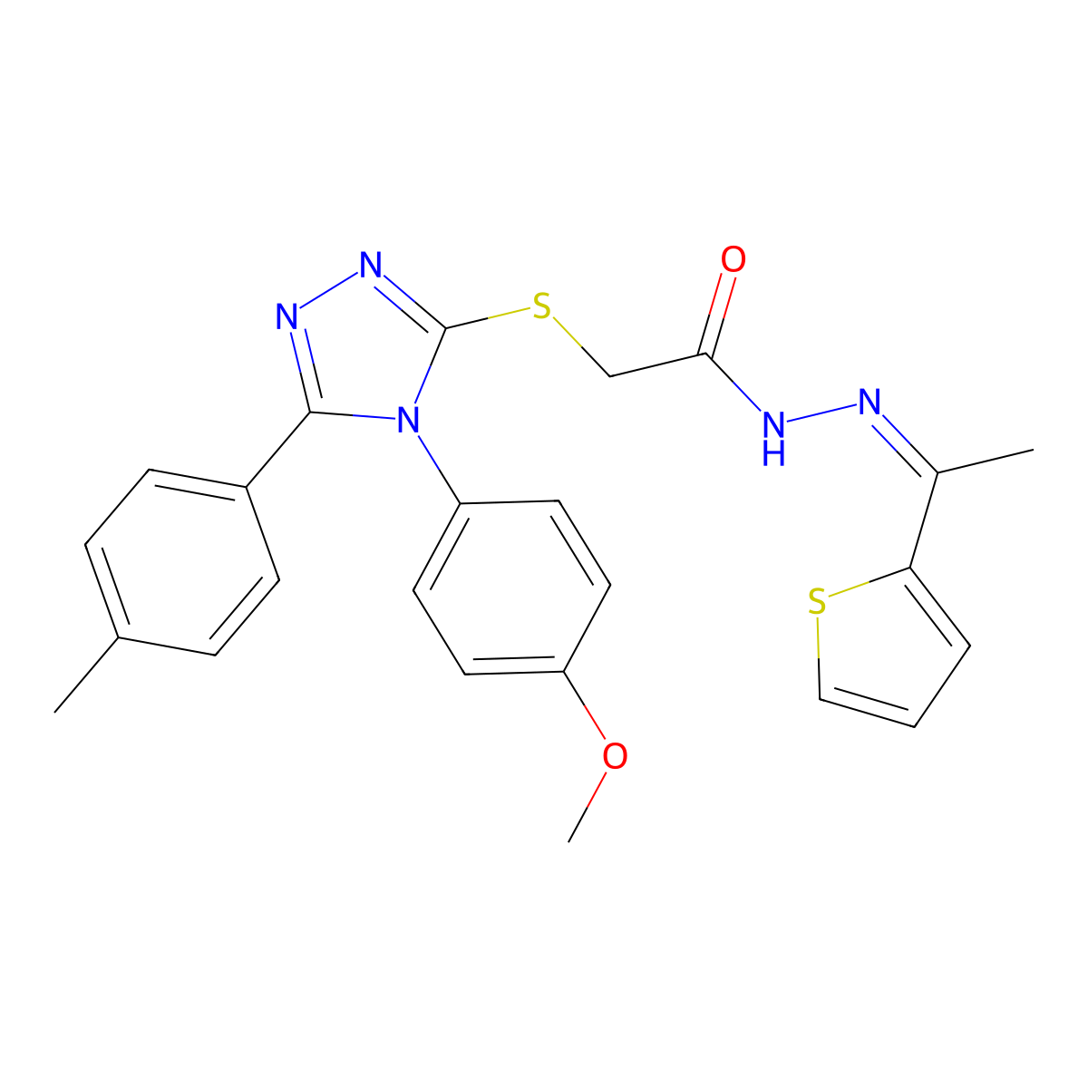 2-[[4-(4-methoxyphenyl)-5-(4-methylphenyl)-1,2,4-triazol-3-yl]sulfanyl]-N-(1-thiophen-2-ylethylideneamino)acetamide molecular structure, CAS 4654-73-3
