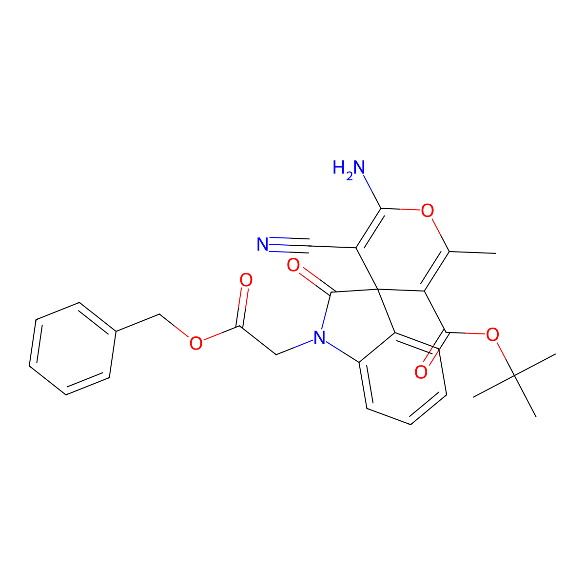Tert-butyl 6'-amino-5'-cyano-2'-methyl-2-oxo-1-(2-oxo-2-phenylmethoxyethyl)spiro[indole-3,4'-pyran]-3'-carboxylate molecular structure, CAS 4655-52-1