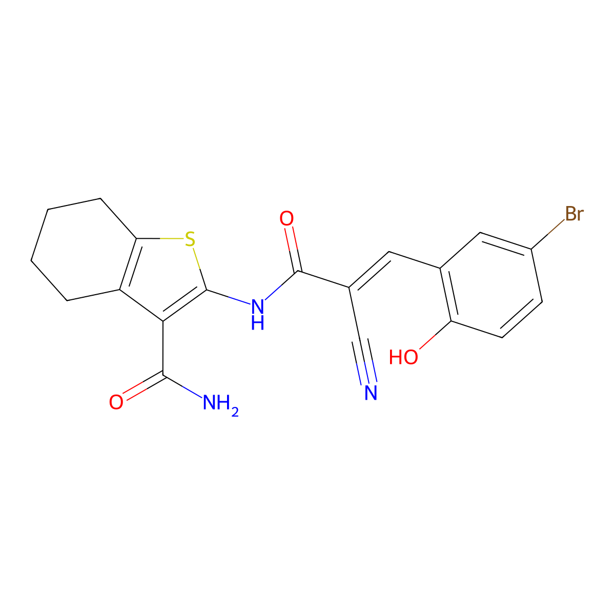 2-[[3-(5-Bromo-2-hydroxyphenyl)-2-cyano-1-oxo-2-propen-1-yl]amino]-4,5,6,7-tetrahydrobenzo[b]thiophene-3-carboxamide molecular structure, CAS 465514-04-9