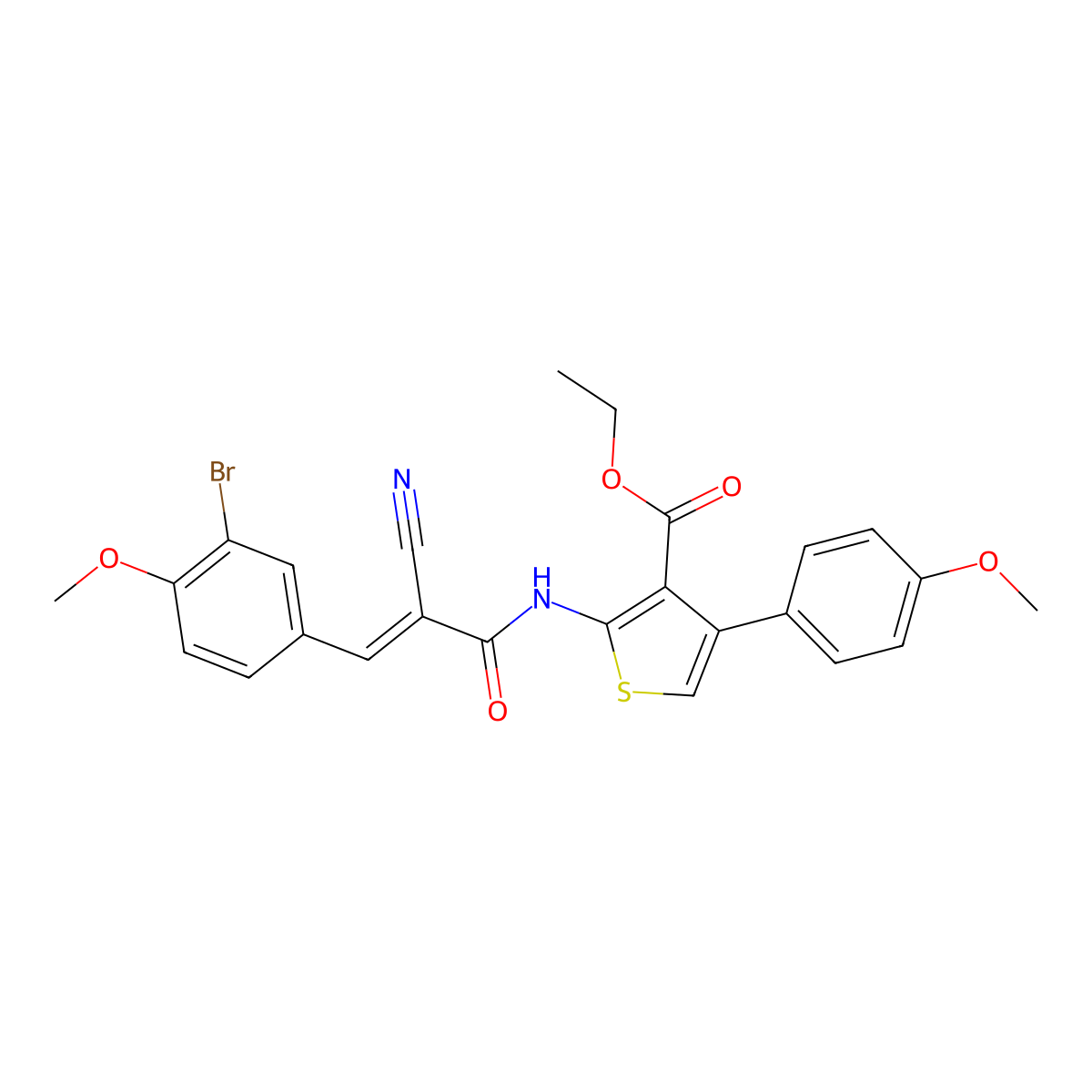 Ethyl 2-[[3-(3-bromo-4-methoxyphenyl)-2-cyano-1-oxo-2-propen-1-yl]amino]-4-(4-methoxyphenyl)-3-thiophenecarboxylate molecular structure, CAS 465514-40-3