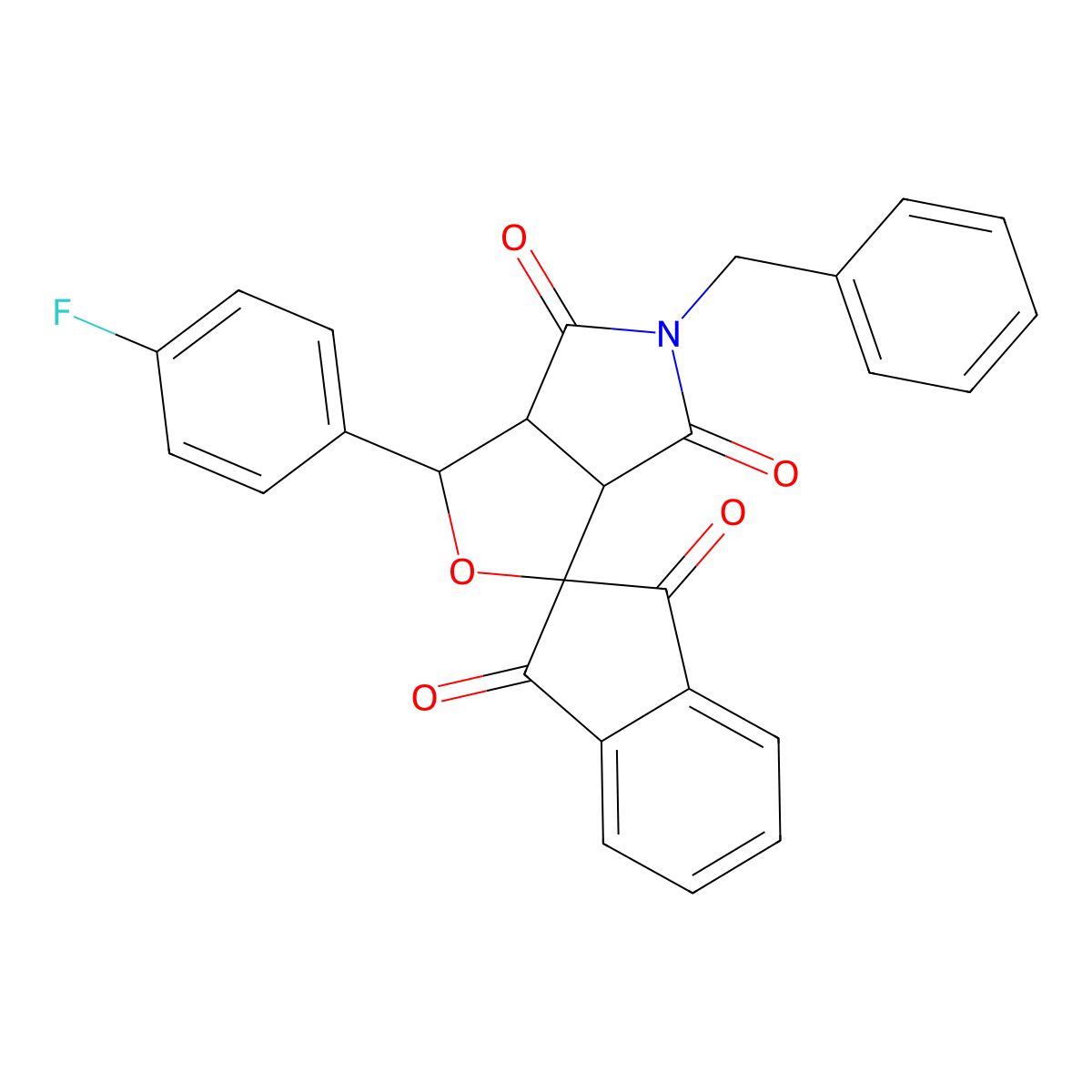 5-benzyl-1-(4-fluorophenyl)spiro[3a,6a-dihydro-1H-furo[3,4-c]pyrrole-3,2'-indene]-1',3',4,6-tetrone molecular structure, CAS 465533-97-5