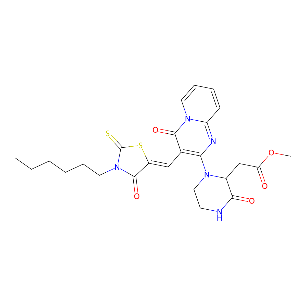 Methyl (1-{3-[(3-hexyl-4-oxo-2-sulfanylidene-1,3-thiazolidin-5-ylidene)methyl]-4-oxo-4H-pyrido[1,2-a]pyrimidin-2-yl}-3-oxopiperazin-2-yl)acetate molecular structure, CAS 4657-18-5