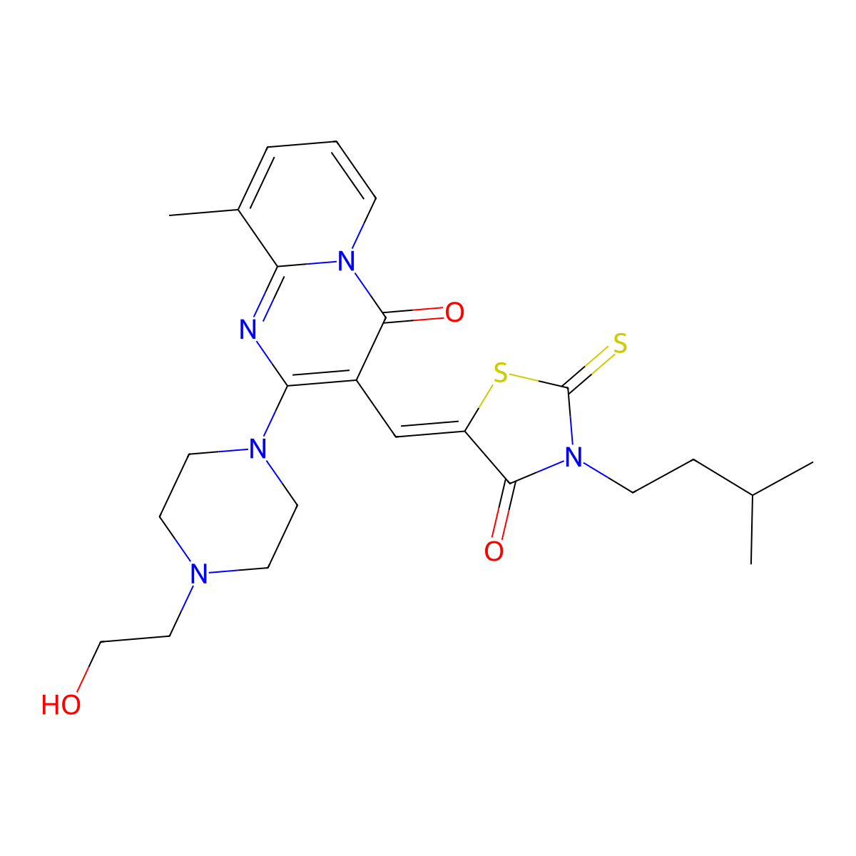 2-[4-(2-Hydroxyethyl)piperazin-1-yl]-9-methyl-3-{[3-(3-methylbutyl)-4-oxo-2-sulfanylidene-1,3-thiazolidin-5-ylidene]methyl}-4H-pyrido[1,2-a]pyrimidin-4-one molecular structure, CAS 4658-42-8