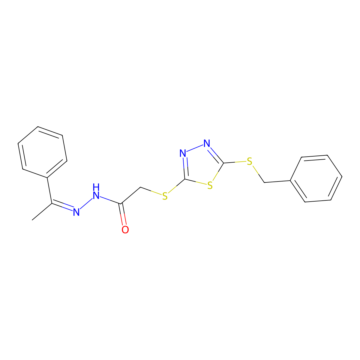 2-{[5-(benzylsulfanyl)-1,3,4-thiadiazol-2-yl]sulfanyl}-N'-(1-phenylethylidene)acetohydrazide molecular structure, CAS 4659-58-9