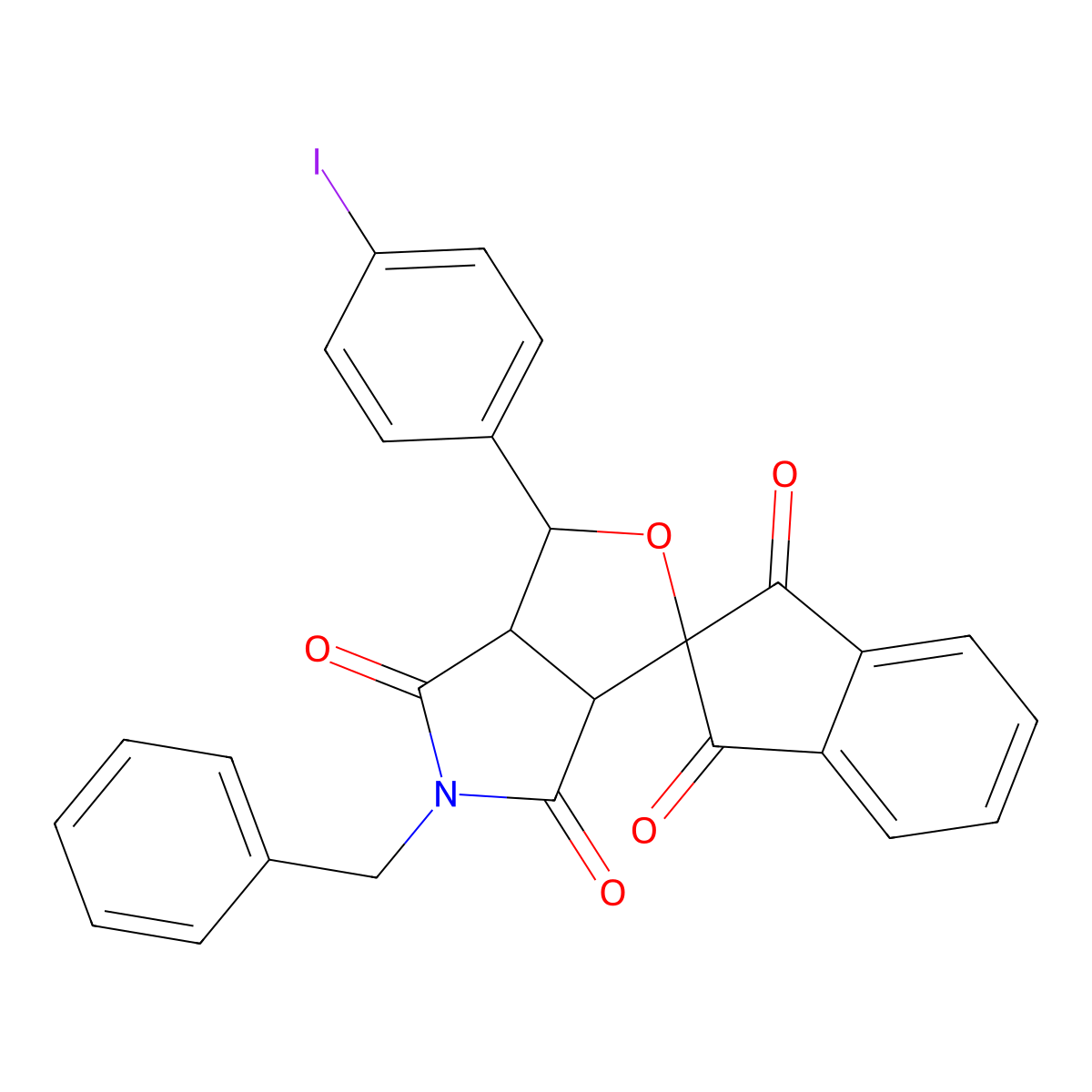 5-benzyl-1-(4-iodophenyl)spiro[3a,6a-dihydro-1H-furo[3,4-c]pyrrole-3,2'-indene]-1',3',4,6-tetrone molecular structure, CAS 466683-61-4