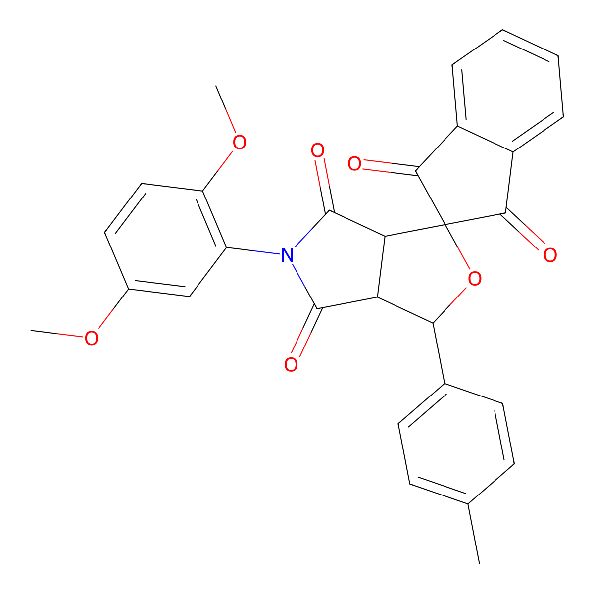 5-(2,5-dimethoxyphenyl)-3-(4-methylphenyl)-1',3',4,6-tetraoxohexahydrospiro(1H-furo[3,4-c]pyrrole-1,2'-indane) molecular structure, CAS 466684-17-3