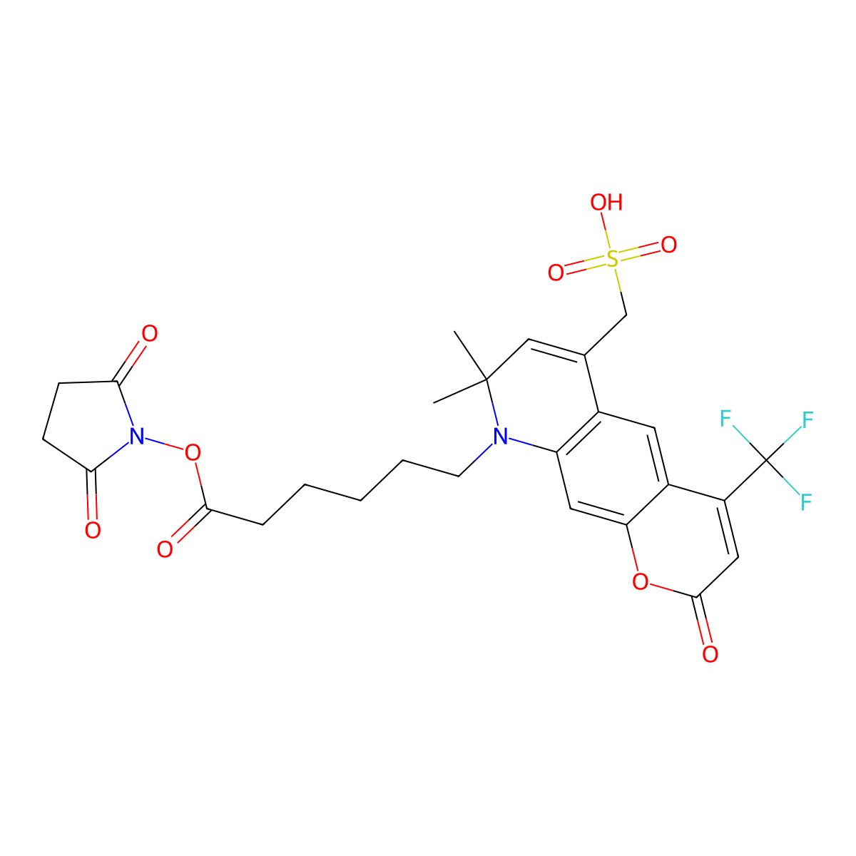 (9-(6-((2,5-Dioxopyrrolidin-1-YL)oxy)-6-oxohexyl)-8,8-dimethyl-2-oxo-4-(trifluoromethyl)-8,9-dihydro-2H-pyrano[3,2-G]quinolin-6-YL)methanesulfonic acid molecular structure, CAS 467233-93-8