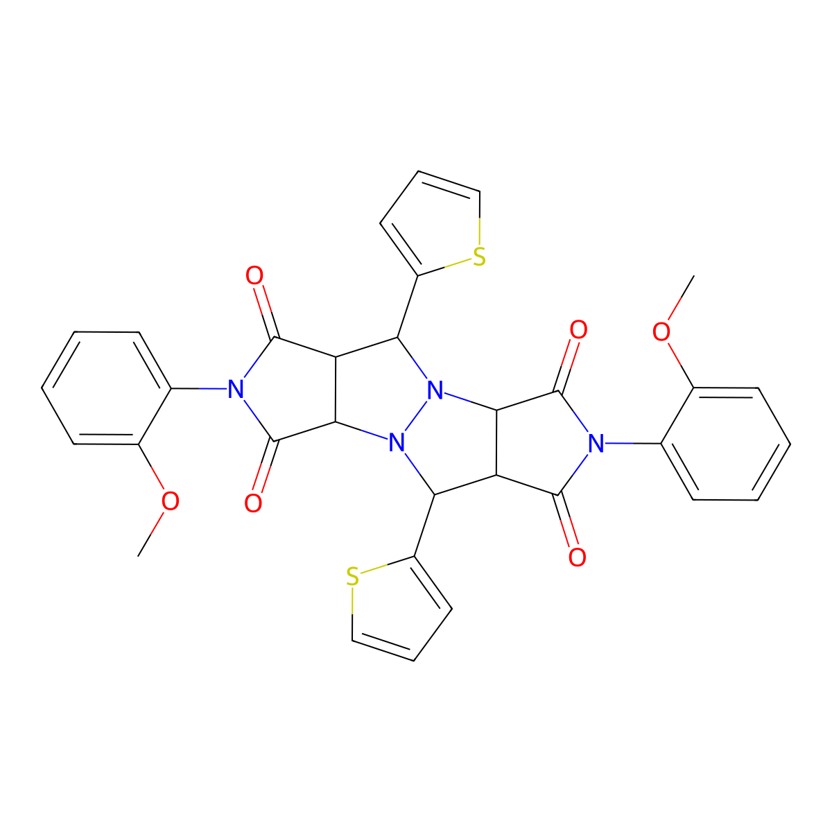 2,7-bis(2-methoxyphenyl)-5,10-di(2-thienyl)tetrahydropyrrolo[3,4-c]pyrrolo[3',4':4,5]pyrazolo[1,2-a]pyrazole-1,3,6,8(2H,3aH,5H,7H)-tetrone molecular structure, CAS 467242-21-3