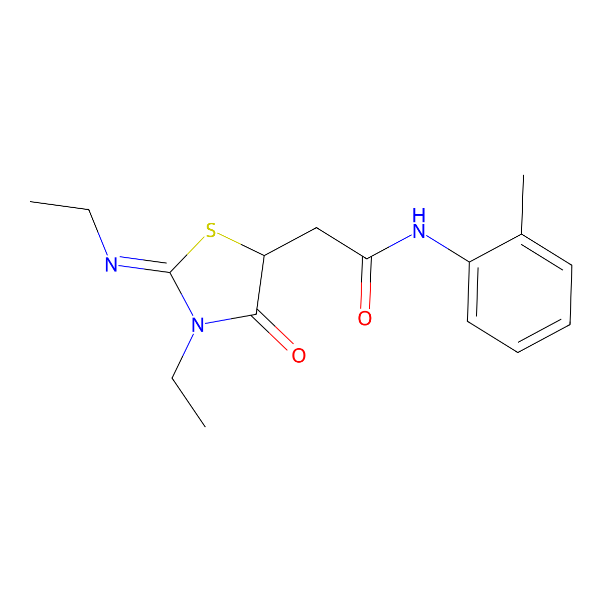 2-[(2E)-3-ethyl-2-(ethylimino)-4-oxo-1,3-thiazolidin-5-yl]-N-(2-methylphenyl)acetamide molecular structure, CAS 468079-82-5