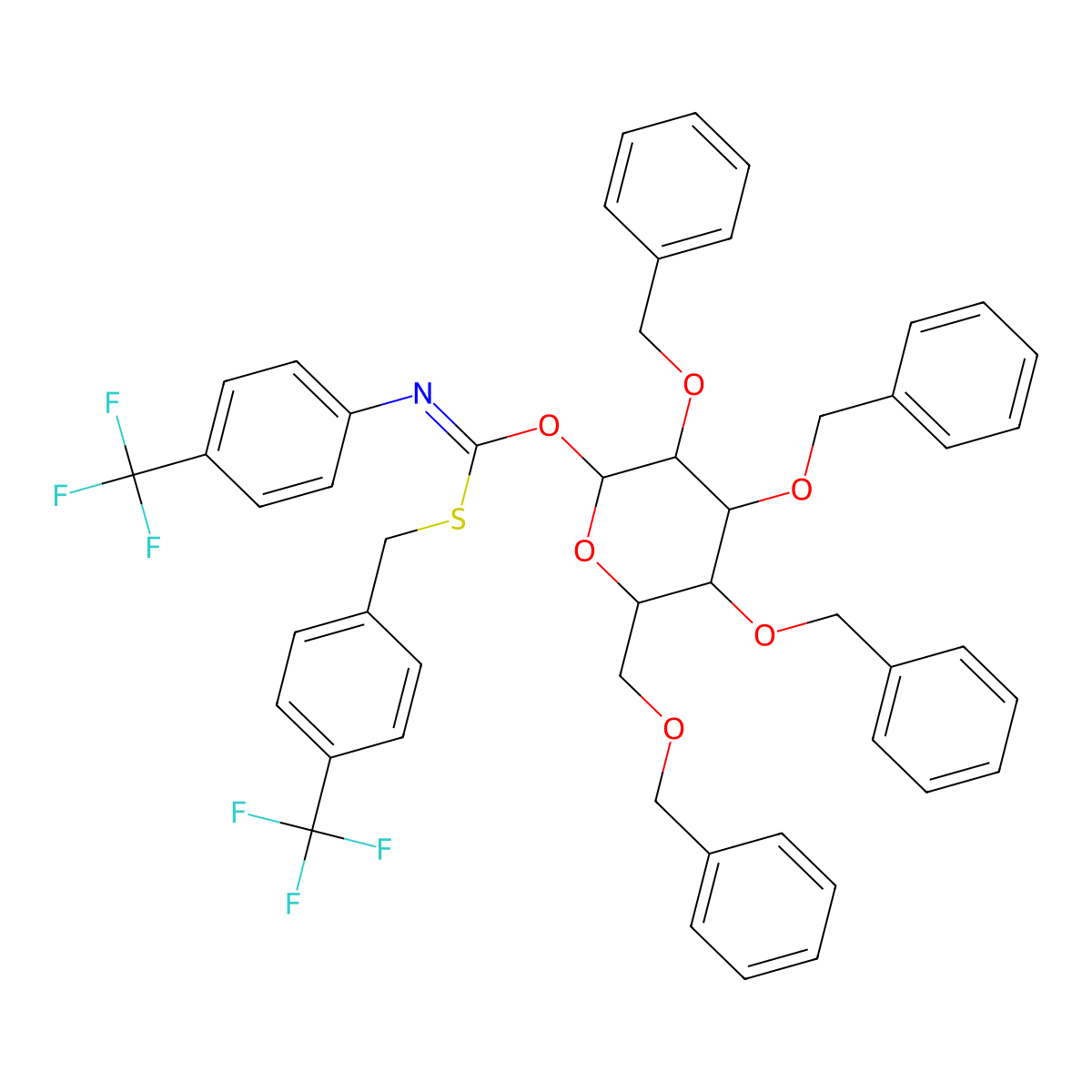 S-4-(Trifluoromethyl)benzyl O-((2R,3R,4S,5R,6R)-3,4,5-tris(benzyloxy)-6-((benzyloxy)methyl)tetrahydro-2H-pyran-2-yl) (4-(trifluoromethyl)phenyl)carbonimidothioate molecular structure, CAS 468095-63-8