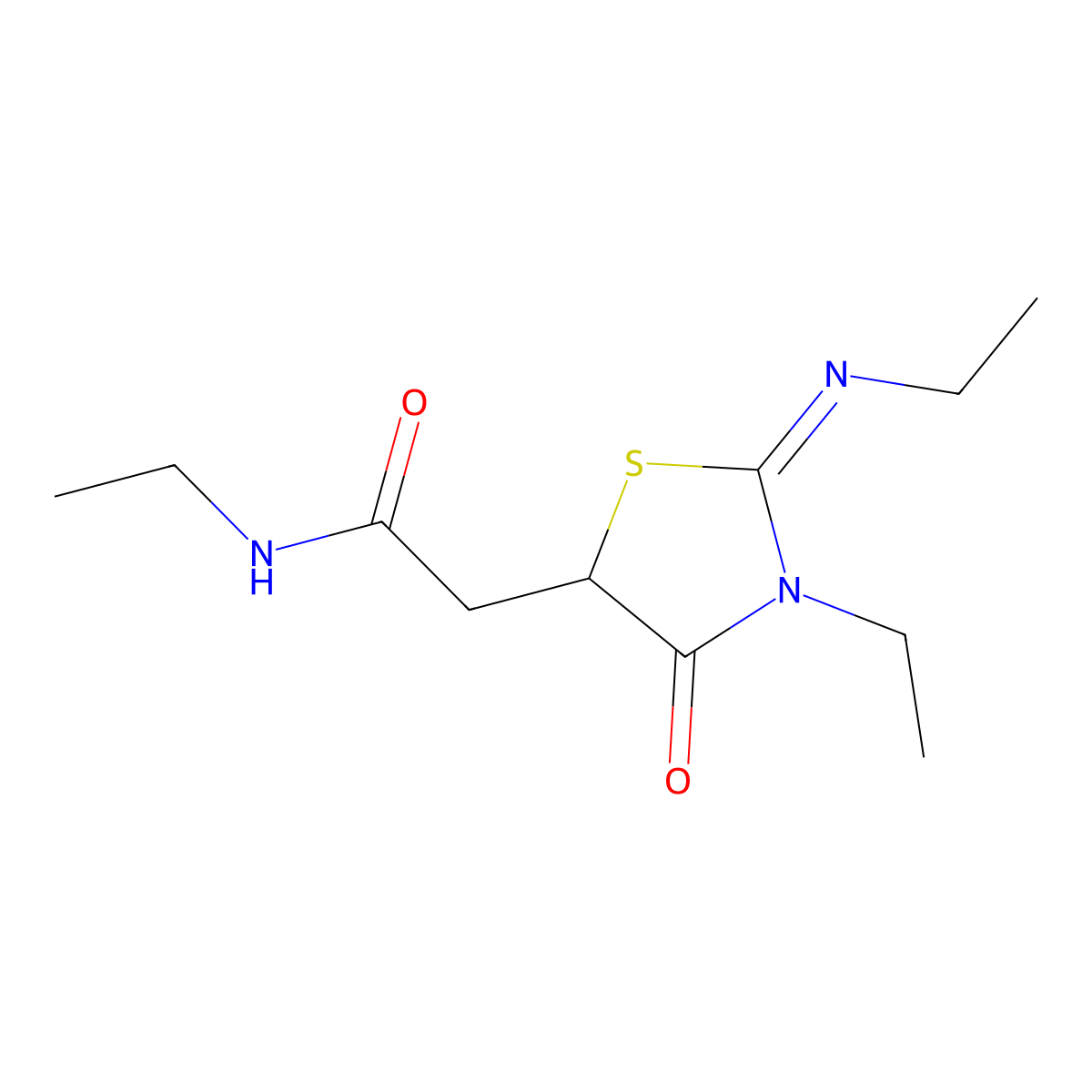 N-Ethyl-2-(3-ethyl-2-ethylimino-4-oxo-thiazolidin-5-yl)-acetamide molecular structure, CAS 469876-38-8