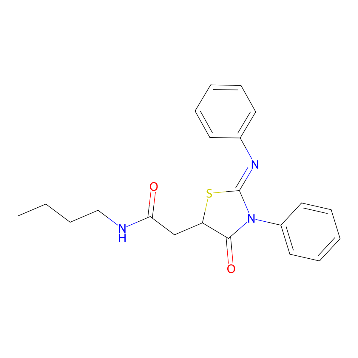 (E)-N-butyl-2-(4-oxo-3-phenyl-2-(phenylimino)thiazolidin-5-yl)acetamide molecular structure, CAS 469876-45-7