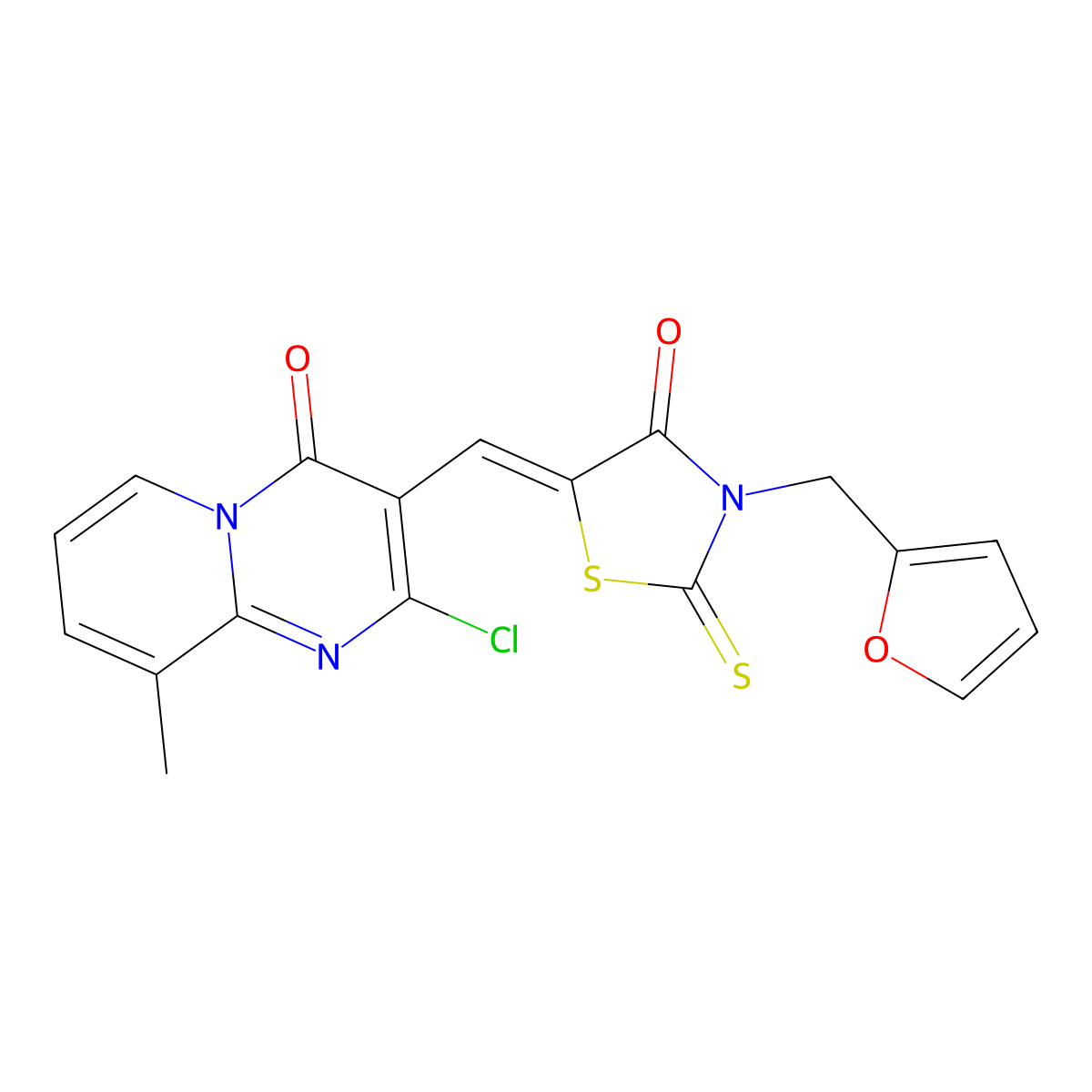 2-Chloro-3-[[3-(2-furanylmethyl)-4-oxo-2-thioxo-5-thiazolidinylidene]methyl]-9-methyl-4H-pyrido[1,2-a]pyrimidin-4-one molecular structure, CAS 469879-41-2