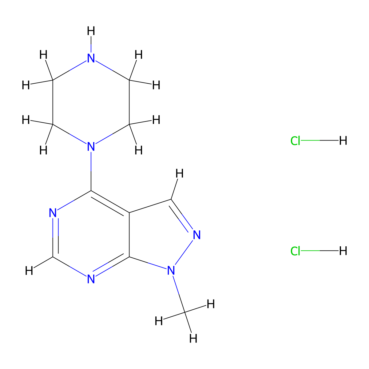 1-{1-methyl-1H-pyrazolo[3,4-d]pyrimidin-4-yl}piperazine dihydrochloride molecular structure, CAS 470442-43-4