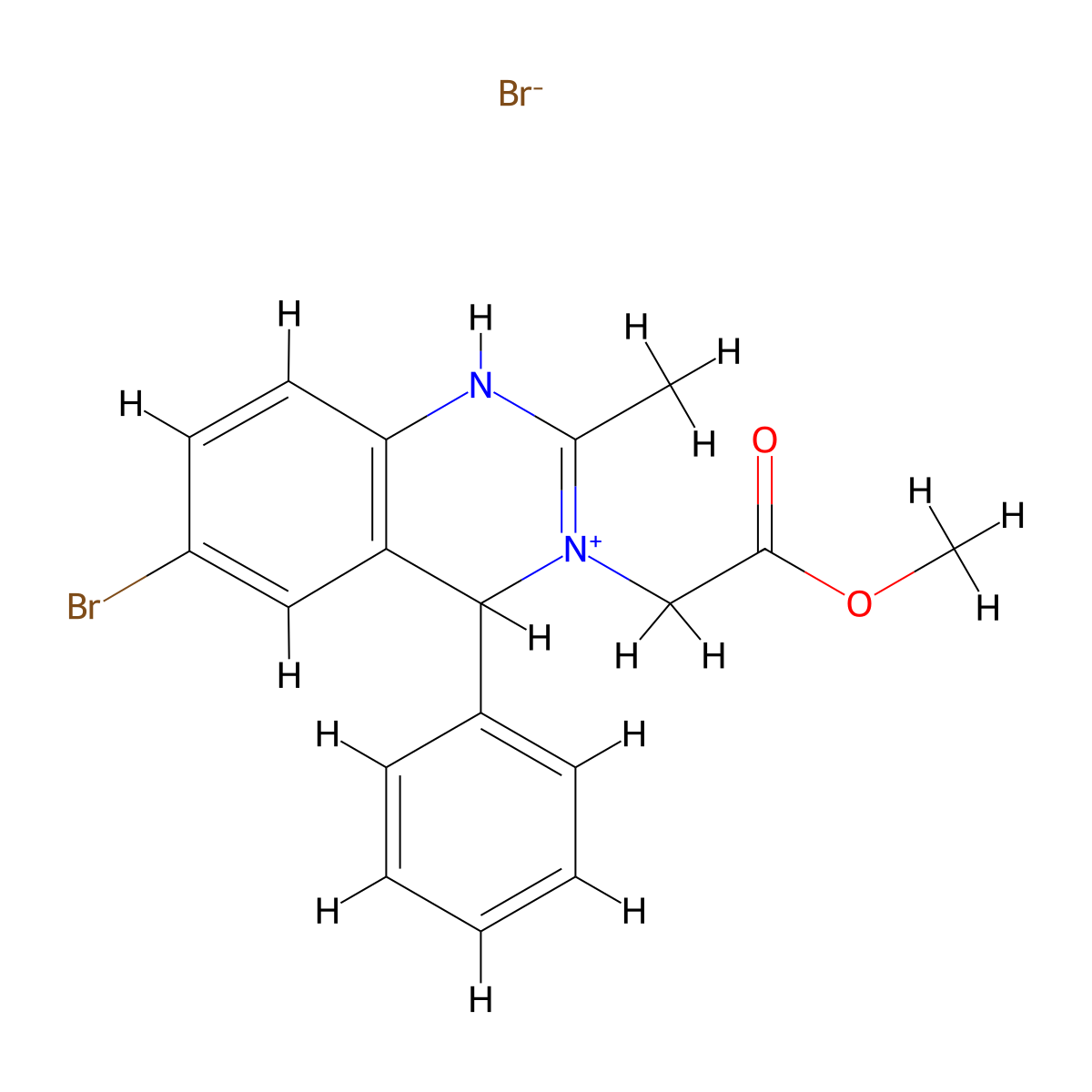 6-Bromo-3-(2-methoxy-2-oxoethyl)-2-methyl-4-phenyl-1,4-dihydroquinazolin-3-ium bromide molecular structure, CAS 470468-75-8