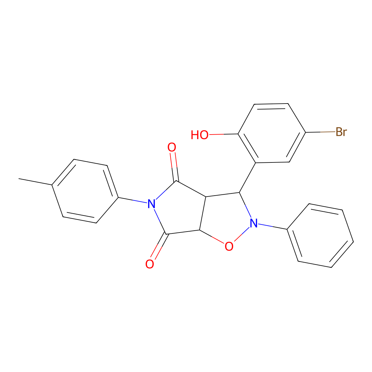 3-(5-bromo-2-hydroxyphenyl)-2-phenyl-5-(p-tolyl)dihydro-2H-pyrrolo[3,4-d]isoxazole-4,6(5H,6aH)-dione molecular structure, CAS 470469-21-7