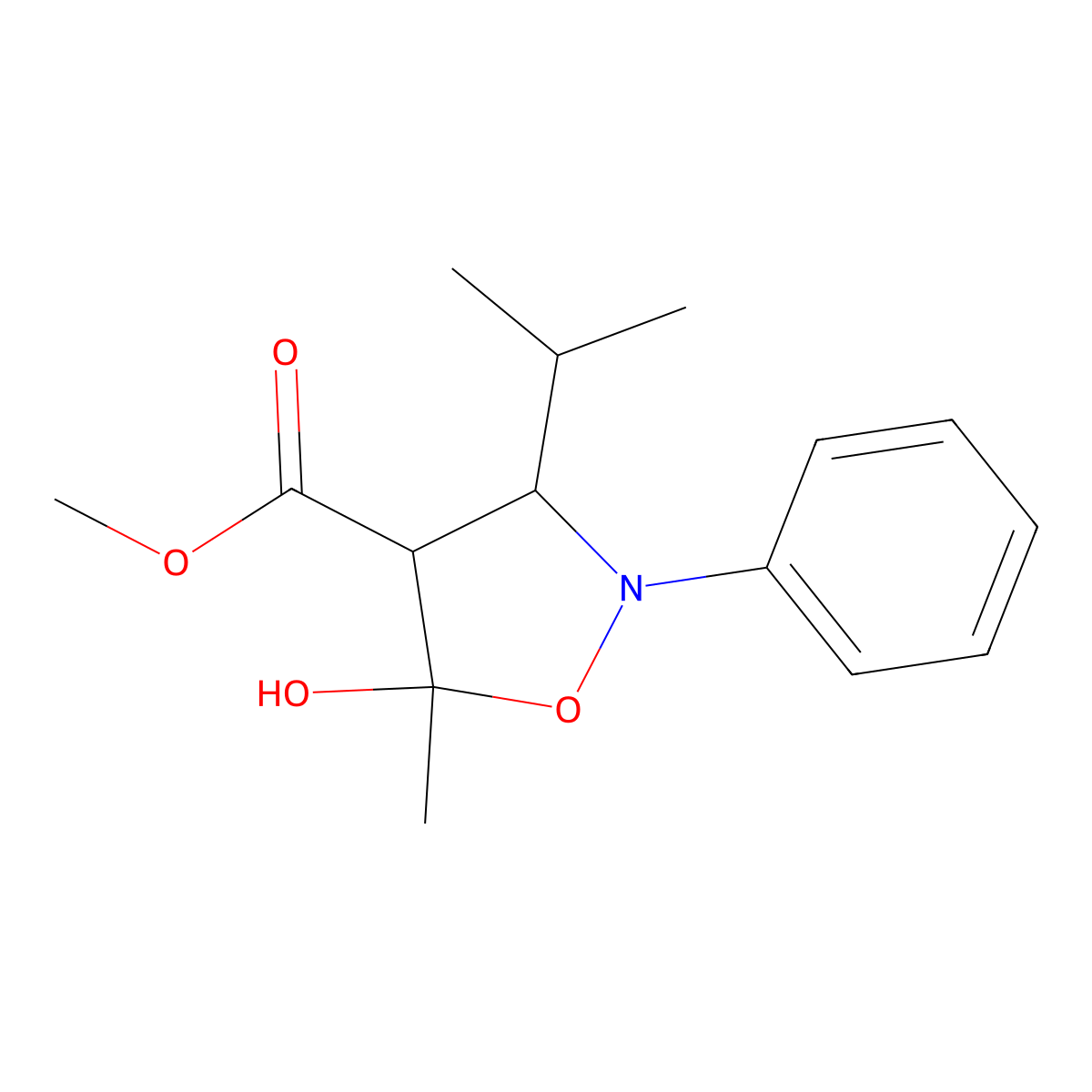 Methyl 5-hydroxy-5-methyl-2-phenyl-3-propan-2-yl-1,2-oxazolidine-4-carboxylate molecular structure, CAS 470472-20-9