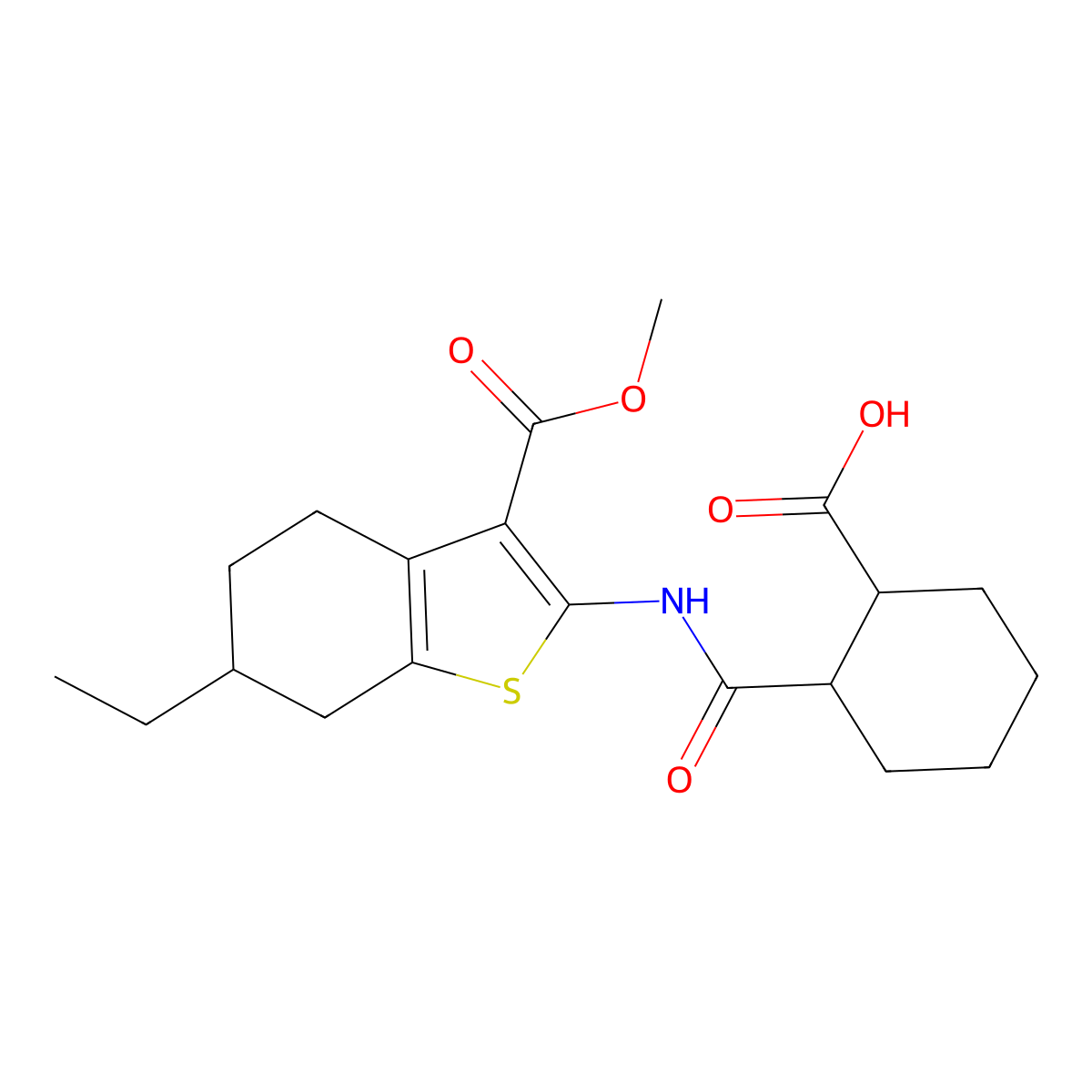 Benzo[b]thiophene-3-carboxylic acid, 2-[[(2-carboxycyclohexyl)carbonyl]amino]-6-ethyl-4,5,6,7-tetrahydro-, 3-methyl ester molecular structure, CAS 470472-60-7